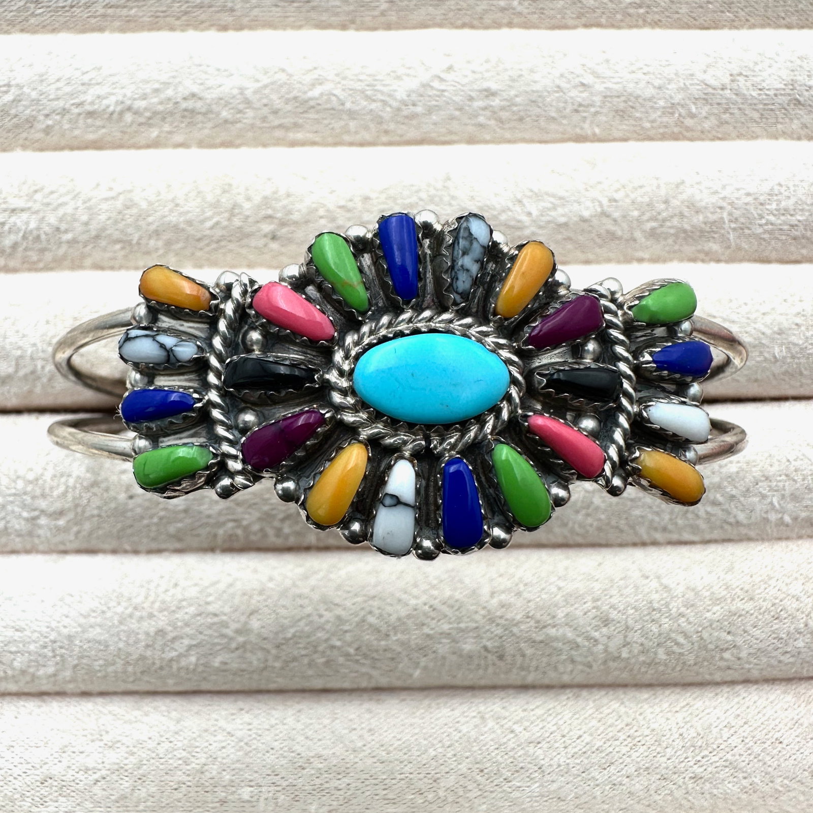 Vintage Native American Multicolor Gemstone Sterling Silver Cuff Bracelet Hallmarked B Possibly: Vintage Native American Multicolor Gemstone Sterling Silver Cuff Bracelet Hallmarked B Possibly Benally? Weight 17 Grams