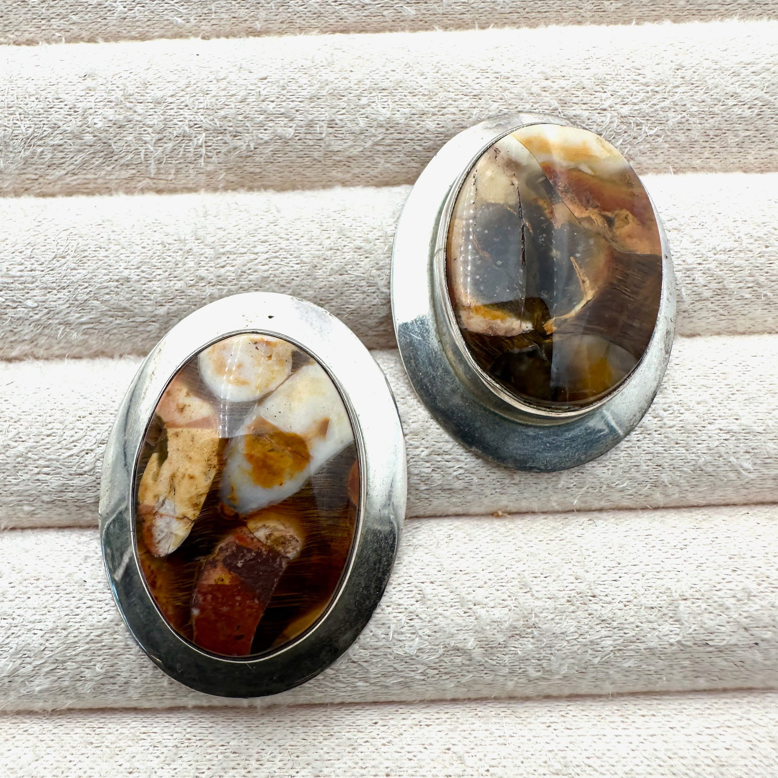 Vintage Mexico Brown Yellow White Gemstone Sterling Silver Pierced Earrings 1.5 Inch: Vintage Mexico Brown Yellow White Gemstone Sterling Silver Pierced Earrings 1.5 Inch