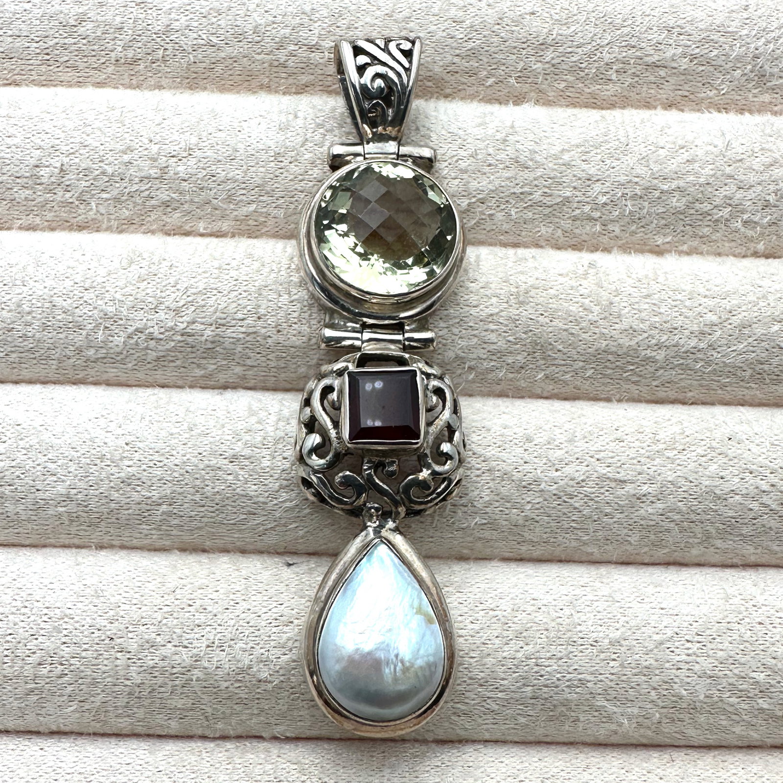 Facet Cut Lemon Quartz Garnet and Pearl Sterling Silver Pendant 2.5 Inch Length Weight 14 Grams: Facet Cut Lemon Quartz Garnet and Pearl Sterling Silver Pendant 2.5 Inch Length Weight 14 Grams