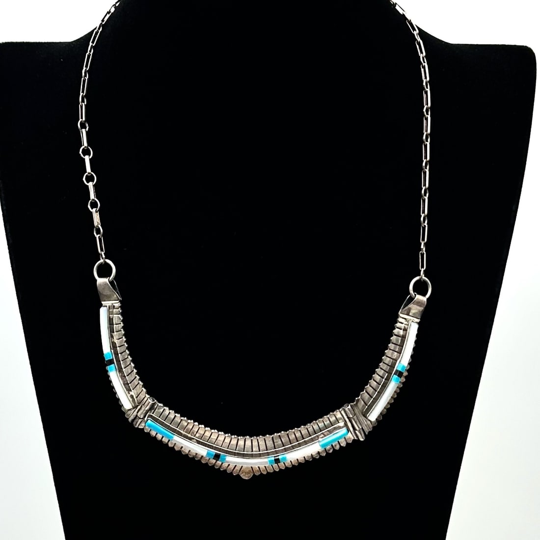 Vintage Native American Carlos Navajo Inlay Turquoise Sterling Silver 20 Inch Necklace Weight 38 (1 of 7)