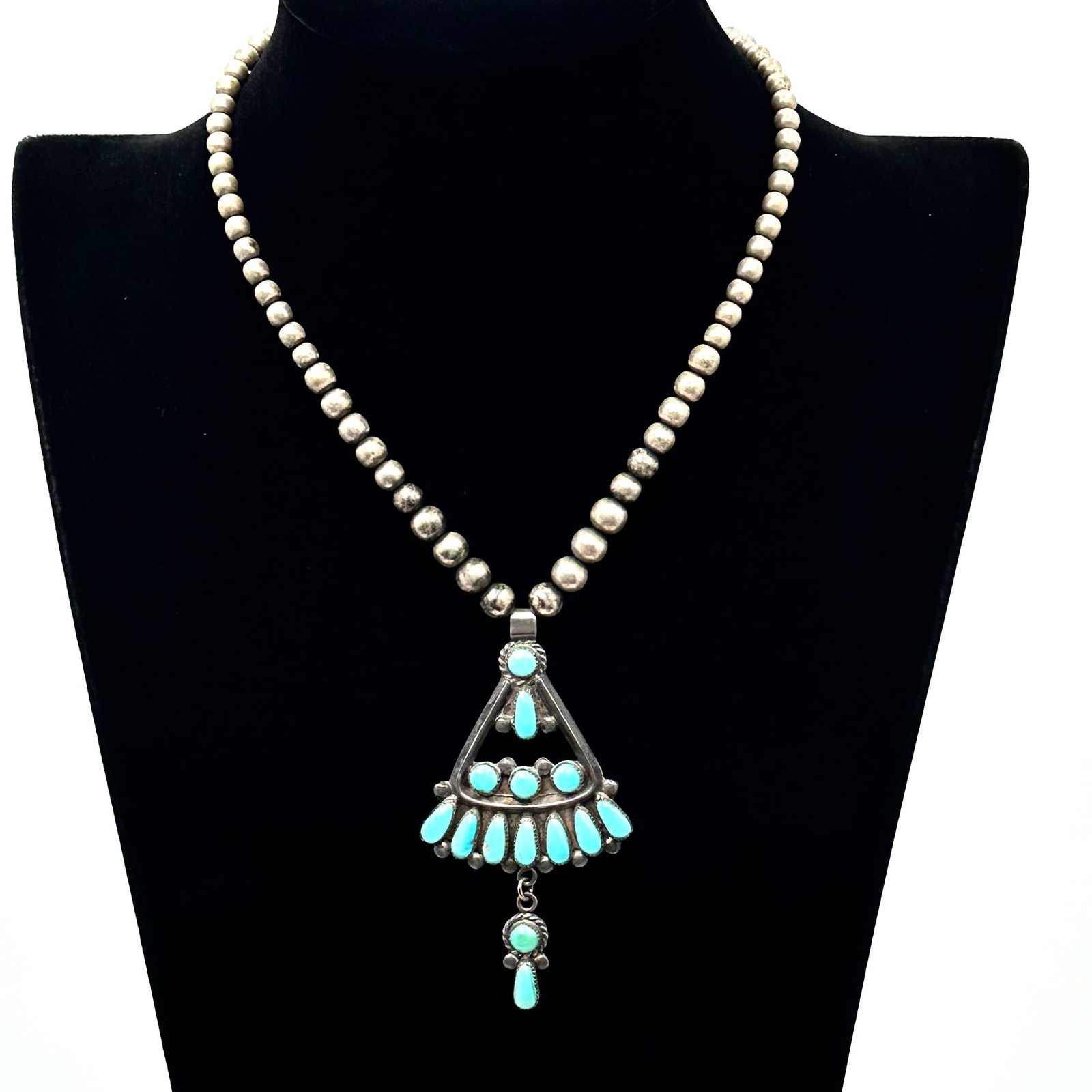 Vintage Native American Zuni Bill & Lucinda Laweka Turquoise 3" Pendant Sterling Silver Bench Bead: Vintage Native American Zuni Bill & Lucinda Laweka Turquoise 3" Pendant Sterling Silver Bench Bead Necklace 26 Grams 16 Inch