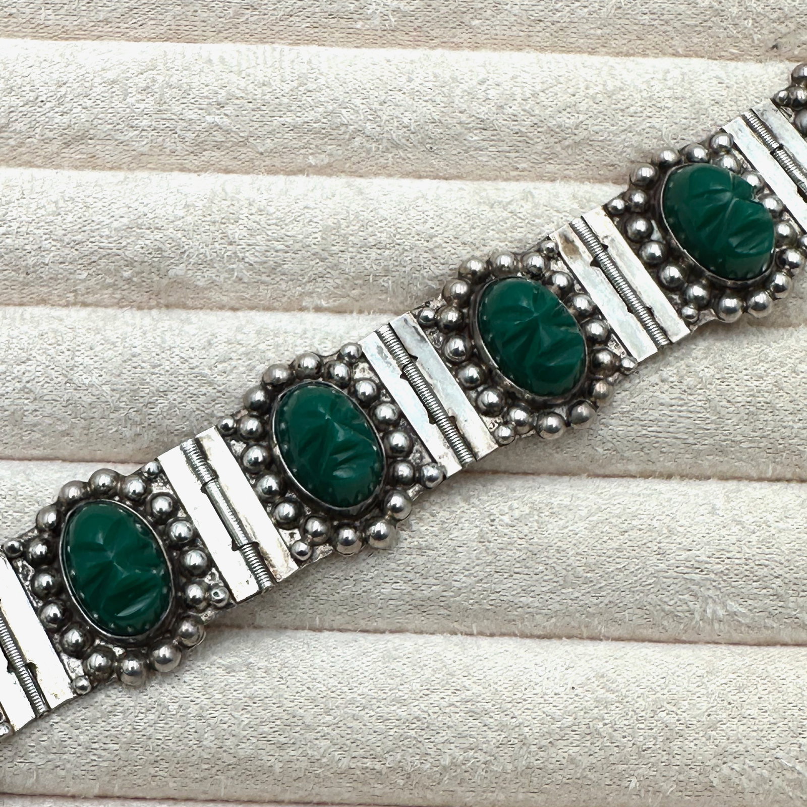 Vintage Mexico Green Onyx Sterling Silver Mayan Face Bracelet 7 Inch Weight 28 Grams: Vintage Mexico Green Onyx Sterling Silver Mayan Face Bracelet 7 Inch Weight 28 Grams