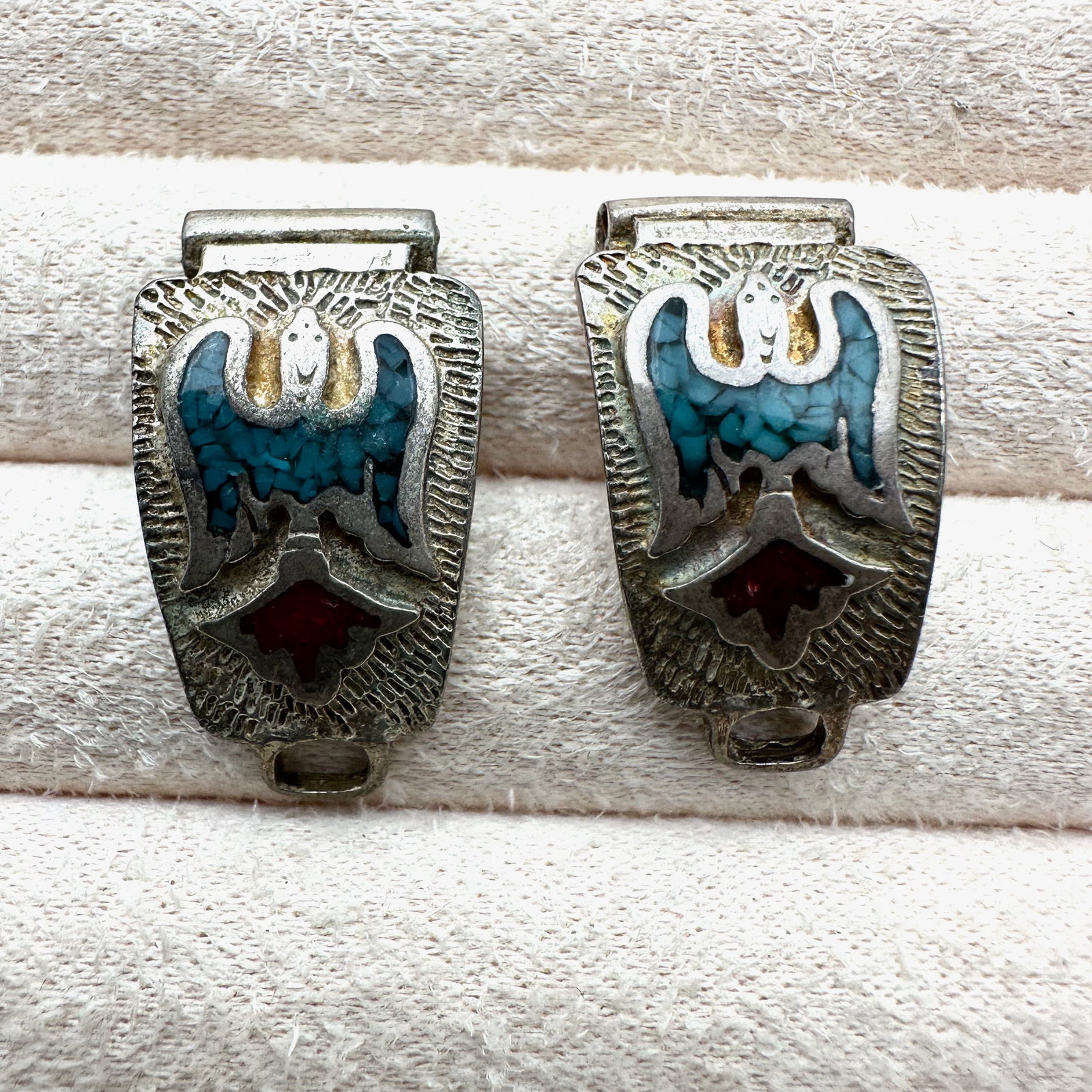Vintage Inlay Coral and Turquoise Thunderbird Sterling Silver Watch Tips 1 Inch Each: Vintage Inlay Coral and Turquoise Thunderbird Sterling Silver Watch Tips 1 Inch Each