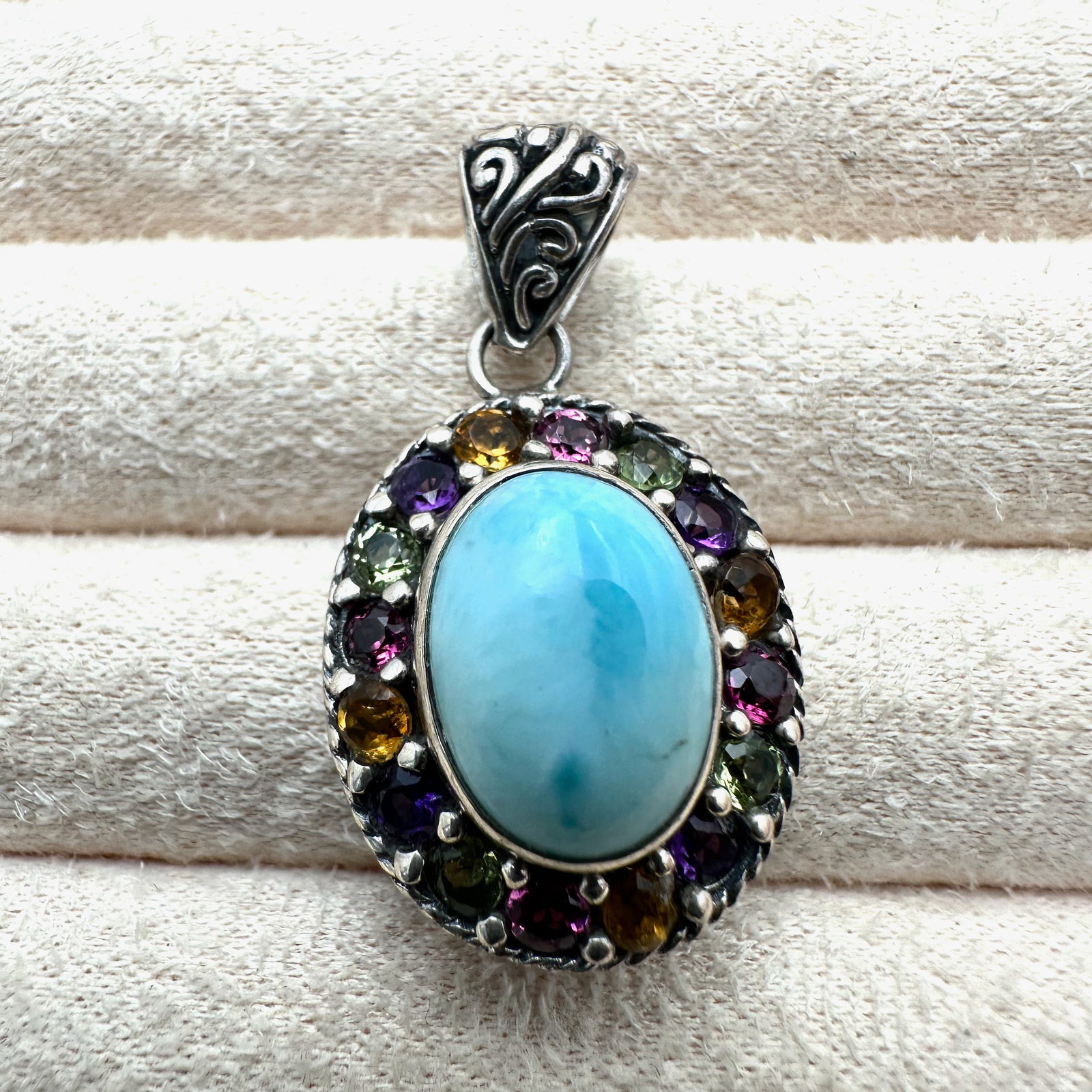 Blue Larima & Multi Gemstone Sterling Silver Pendant 1.5 Inch Length: Blue Larima & Multi Gemstone Sterling Silver Pendant 1.5 Inch Length