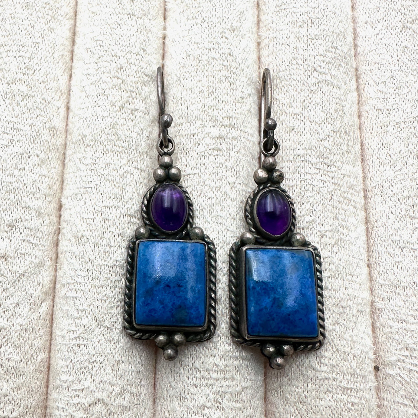 Lapis Lazuli and Amethyst Sterling Silver 1.75 Inch Pierced Earrings Hallmarked AL-PL: Lapis Lazuli and Amethyst Sterling Silver 1.75 Inch Pierced Earrings Hallmarked AL-PL