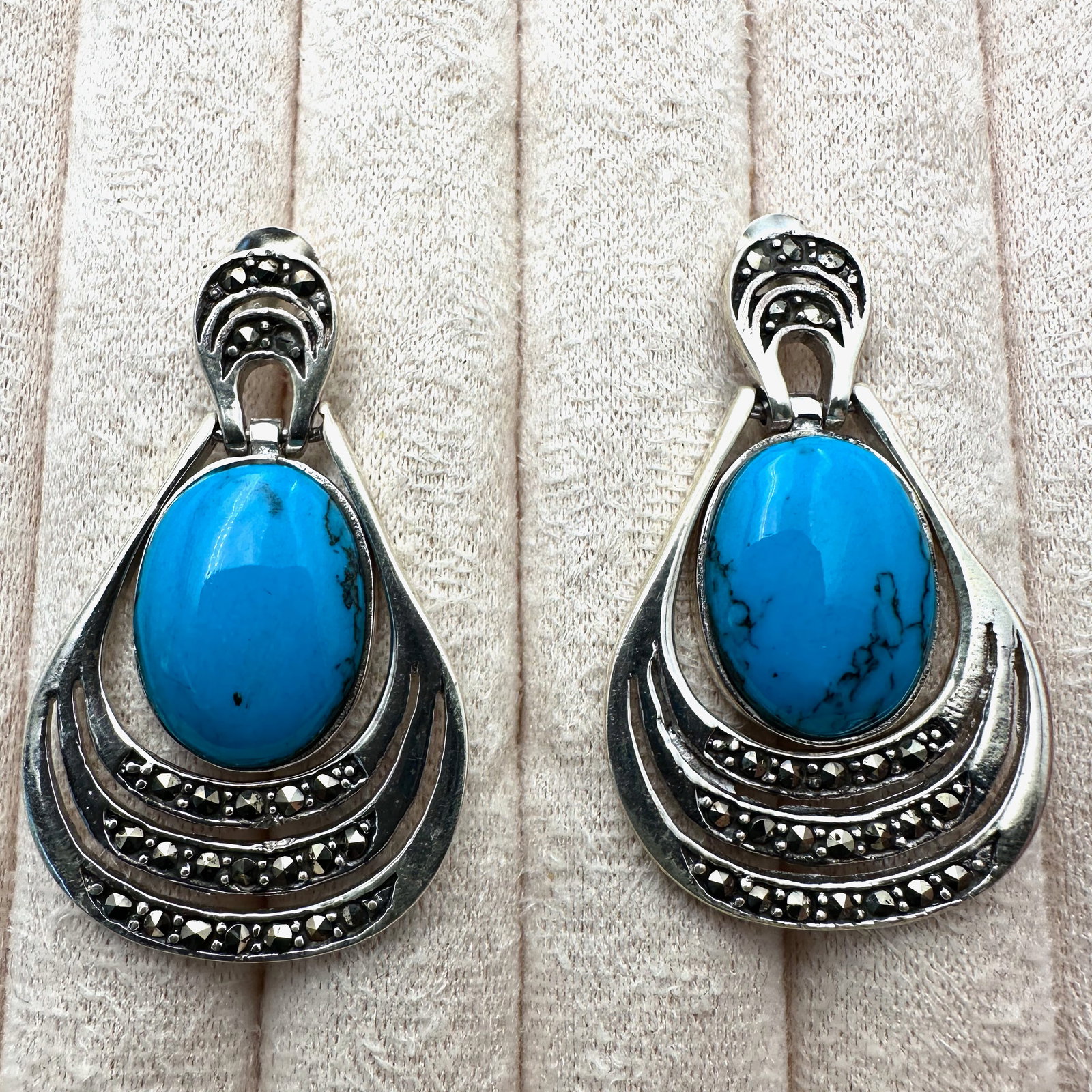 Marcasite Blue Gemstone Sterling Silver Pierced Earrings 1.75 Inch Length Weight 15 Grams (1 of 2)