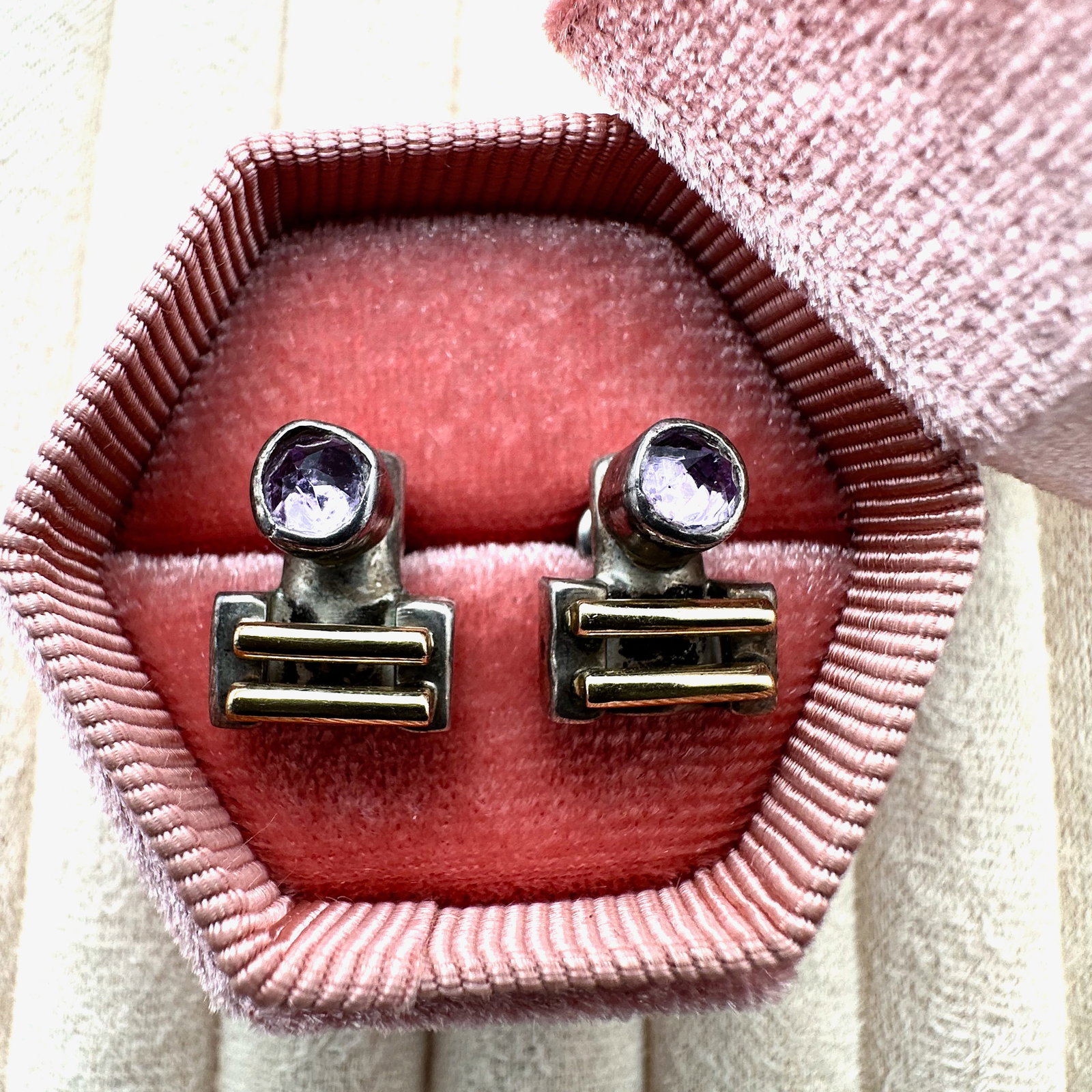 Vintage Mid Century Artisan Lilly Barrack Raw Amethyst 14K Gold Sterling Silver Pierced Stud (1 of 2)