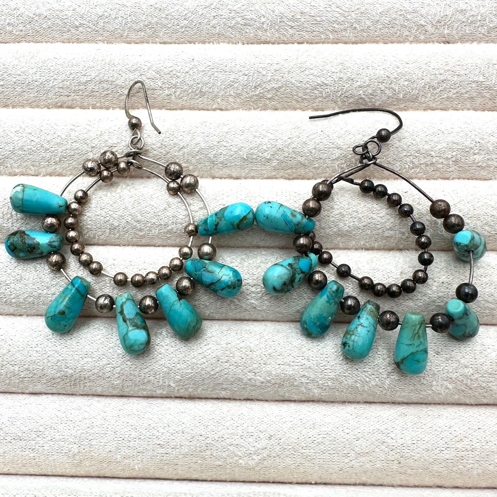Vintage Turquoise Sterling Silver Bead Pierced Chandelier Earrings 2.5 Inch: Vintage Turquoise Sterling Silver Bead Pierced Chandelier Earrings 2.5 Inch