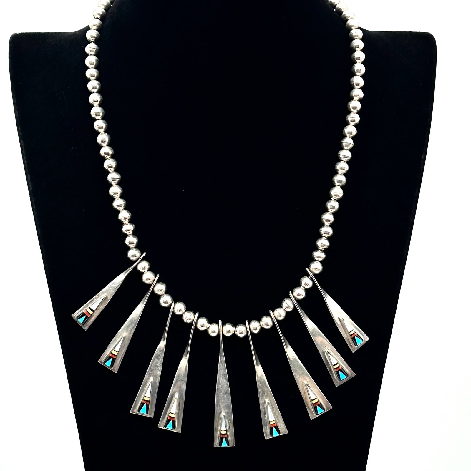 Vintage Native American Inlay Gemstone Sterling Silver Bench Bead Necklace 18 Inch Weight 54 Grams (1 of 5)