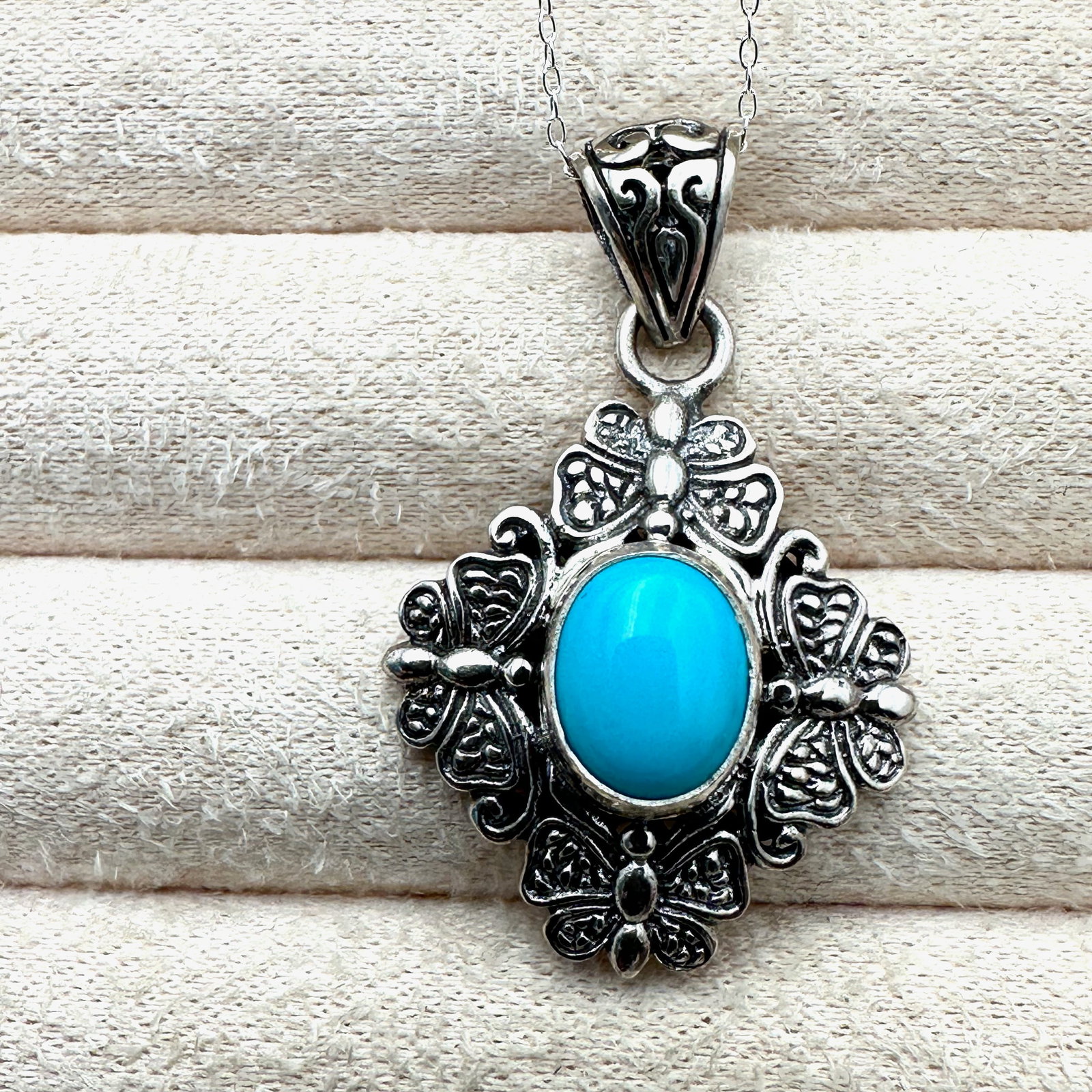 Sleeping Beauty Turquoise Butterfly Design Sterling Silver 1.5 Inch Pendant Necklace 18 Inch Chain: Sleeping Beauty Turquoise Butterfly Design Sterling Silver 1.5 Inch Pendant Necklace 18 Inch Chain