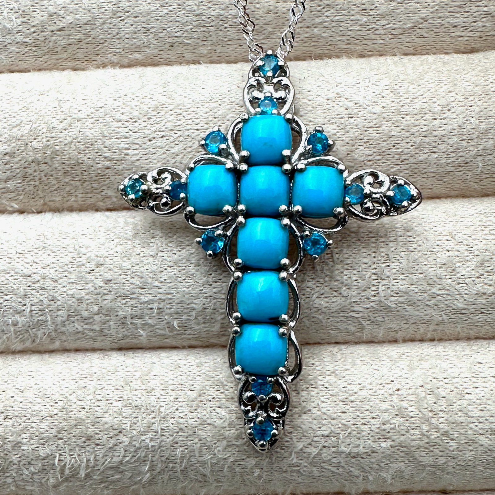 Chuck Clemency Sleeping Beauty Turquoise Blue Topaz Sterling Silver Cross 1.75 Inch Pendant Necklace: Chuck Clemency Sleeping Beauty Turquoise Blue Topaz Sterling Silver Cross 1.75 Inch Pendant Necklace 18 Inch Chain