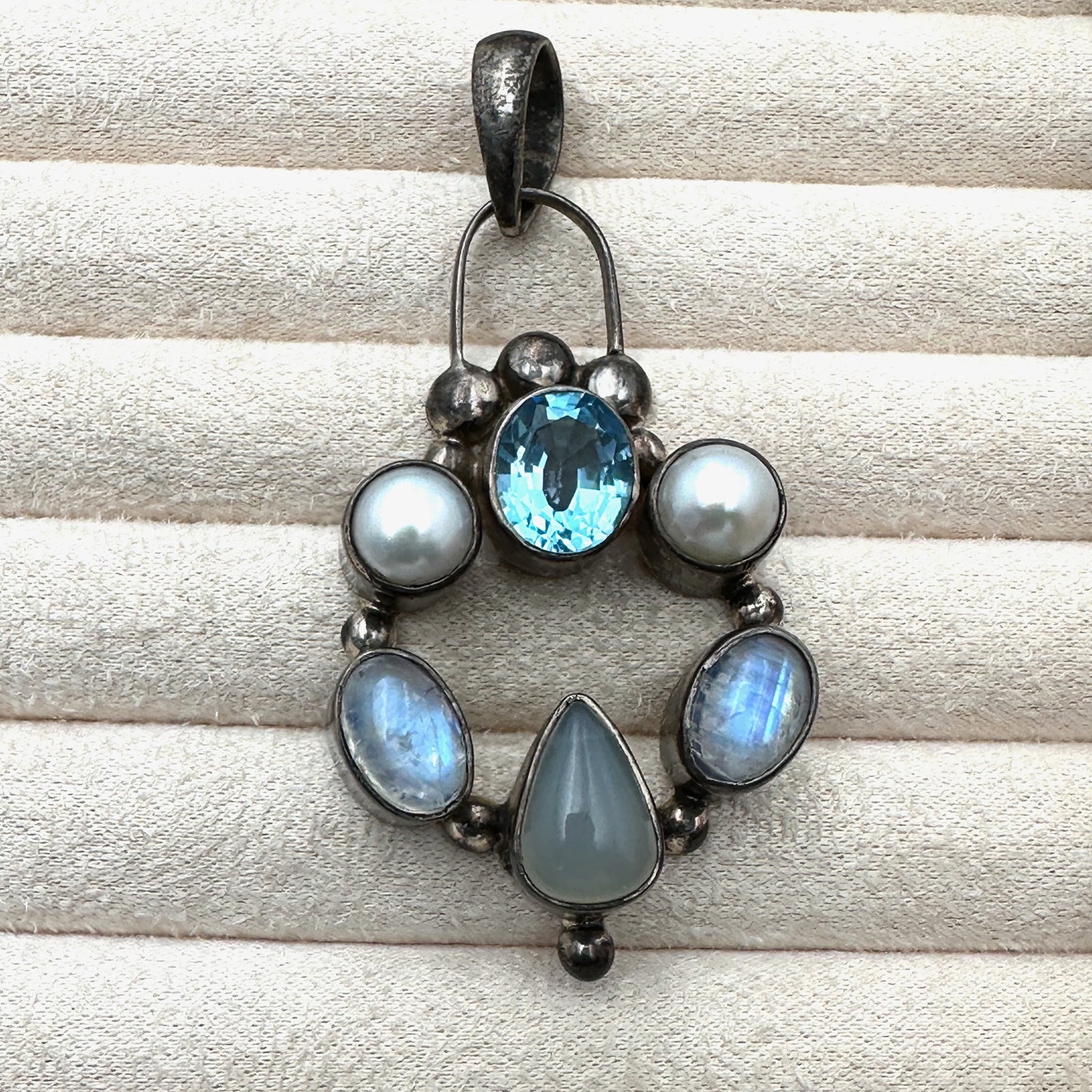 Large Blue Topaz Moonstone Pearl Sterling Silver Pendant 3 Inch Weight 25 Grams: Large Blue Topaz Moonstone Pearl Sterling Silver Pendant 3 Inch Weight 25 Grams