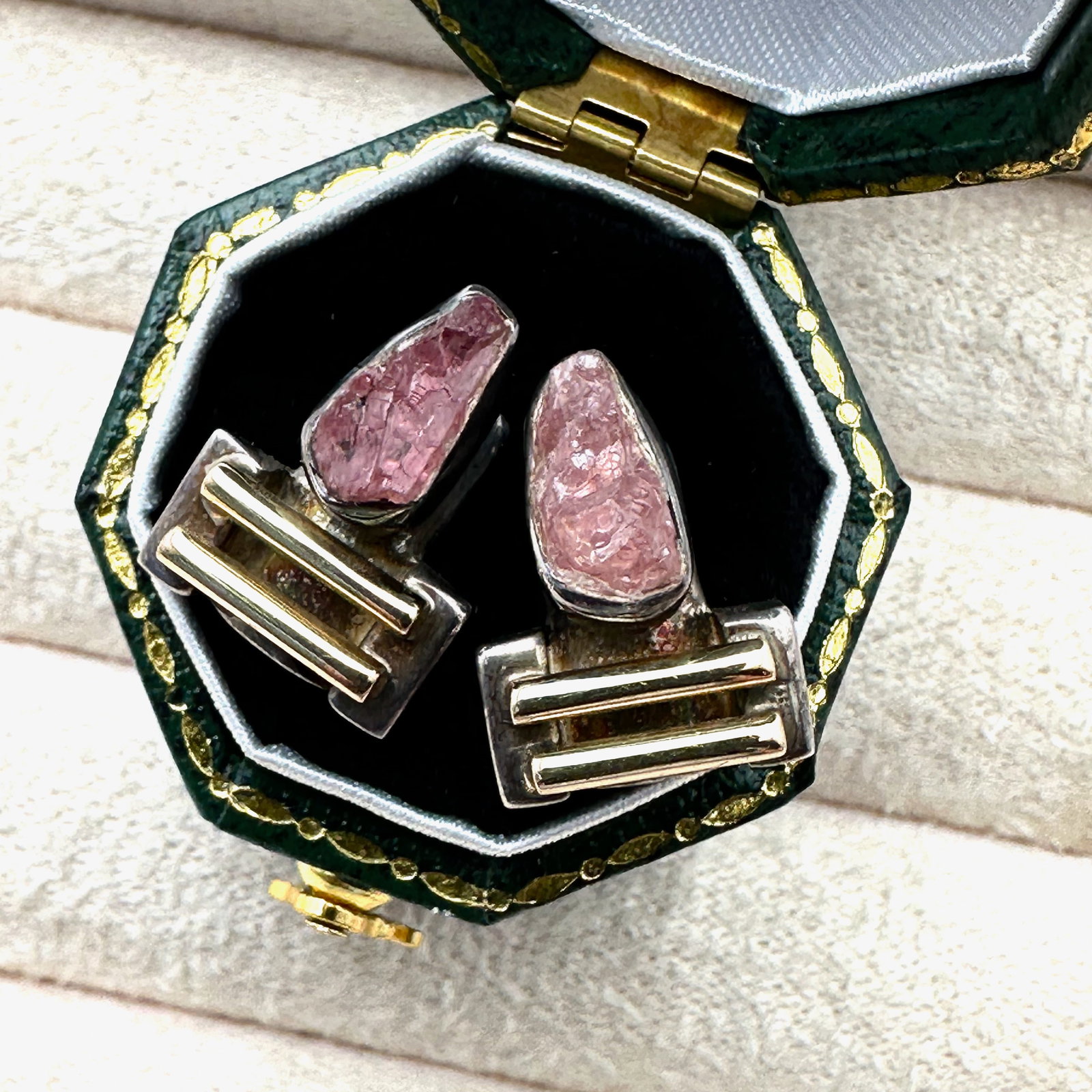Vintage Mid Century Artist Lilly Barrack Raw Pink Gemstone 14K Gold Sterling Silver Stud Pierced (1 of 2)