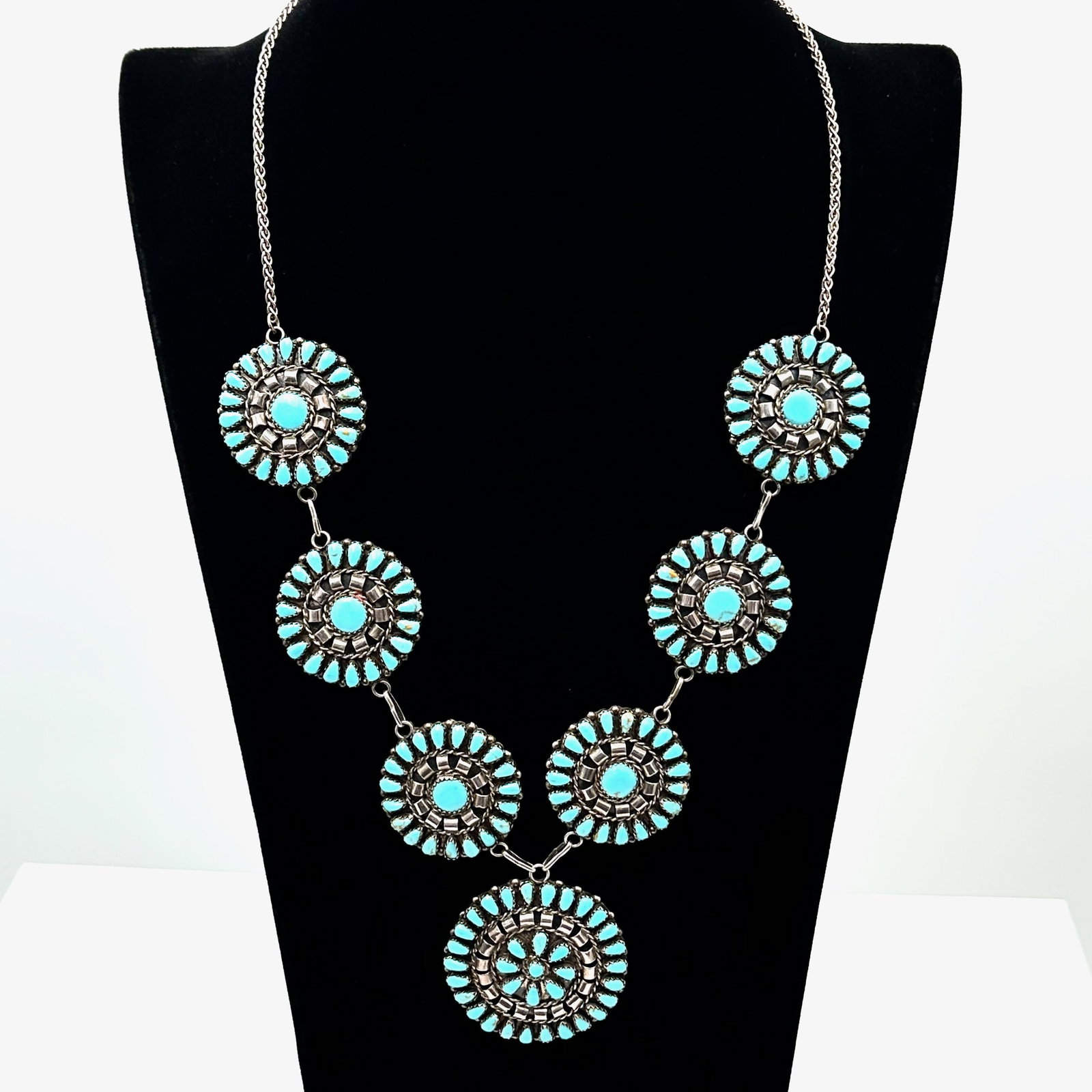 Vintage Native American Zuni Mathilda Benally Petit Point Turquoise Sterling Silver Necklace 22 Inch (1 of 13)