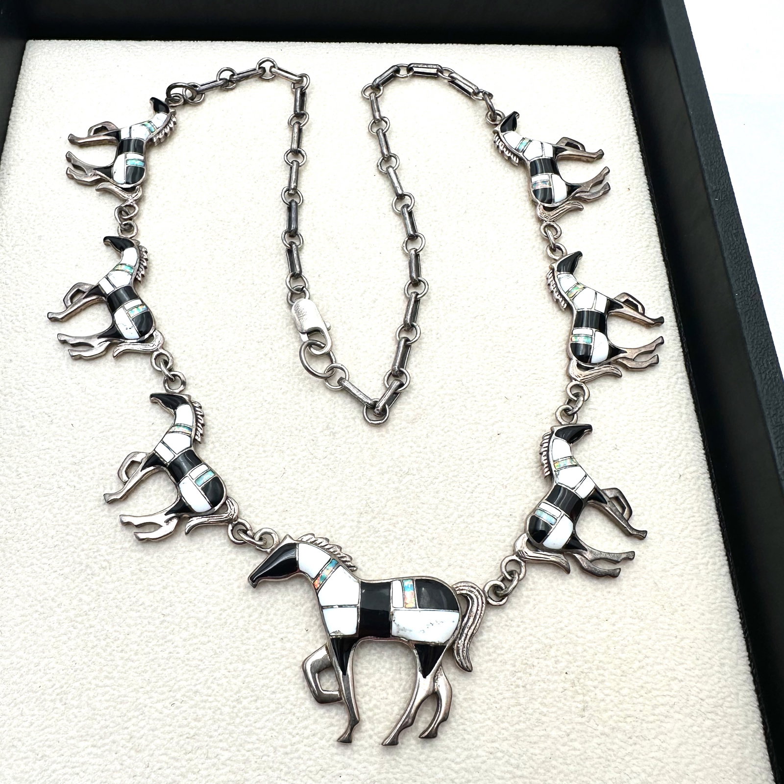 Vintage Native American Inlay Opal White Buffalo Turquoise Black Onyx Horse Design Sterling Silver: Vintage Native American Inlay Opal White Buffalo Turquoise Black Onyx Horse Design Sterling Silver Necklace Hallmarked T Weight 69 Grams 22 Inch Length
