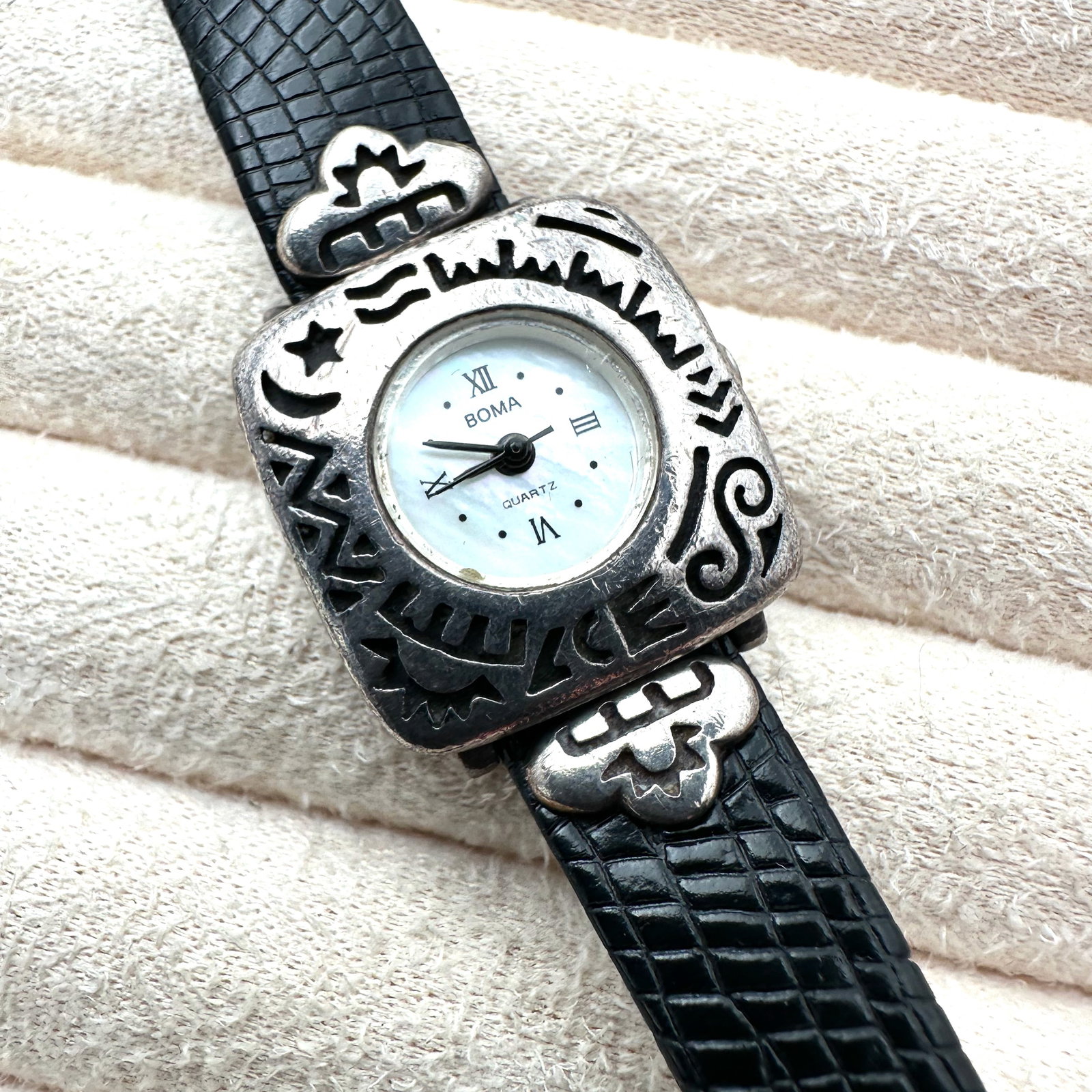 Boma Southwest Design Sterling Silver Watch Black Leather Band Will Need New Battery (1 of 2)
