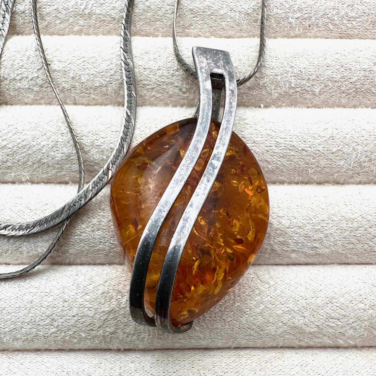Vintage Artisan Mid Century Natural Amber 2 Inch Pendant Sterling Silver Necklace European? Hallmark (1 of 2)
