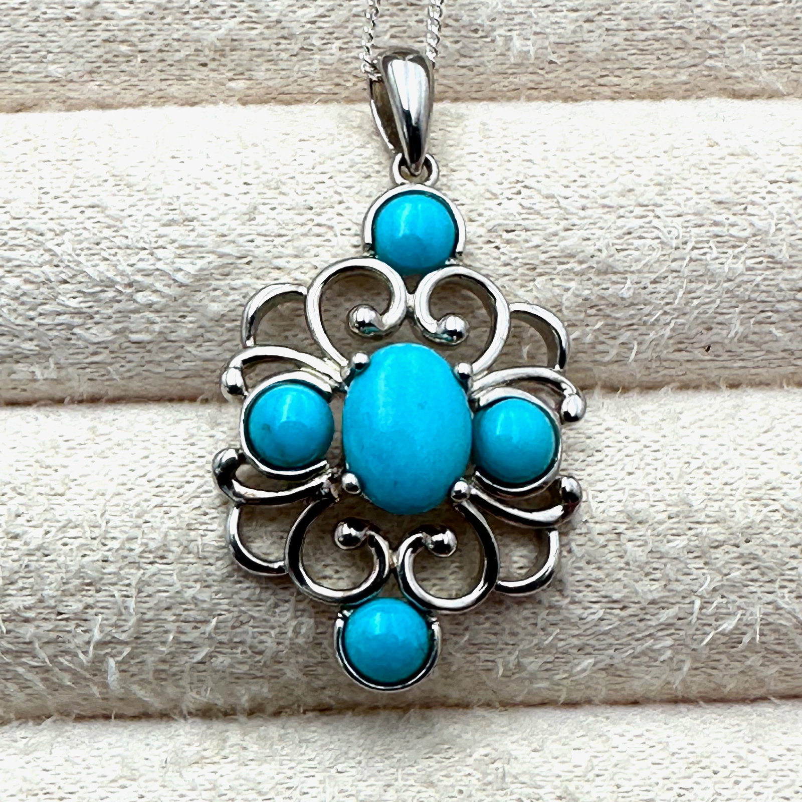 Sleeping Beauty Turquoise Sterling Silver Pendant Necklace 18 Inch Chain Signed DK: Sleeping Beauty Turquoise Sterling Silver Pendant Necklace 18 Inch Chain Signed DK