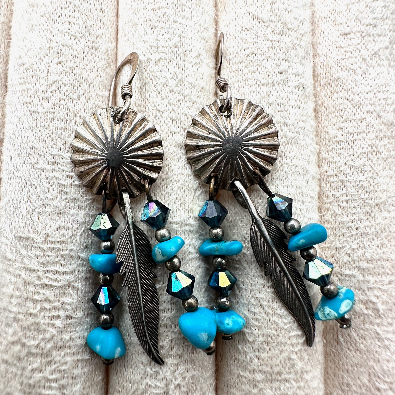 American Southwest Turquoise Sterling Silver Feather Design Pierced Chandelier Earrings 2 Inch: American Southwest Turquoise Sterling Silver Feather Design Pierced Chandelier Earrings 2 Inch