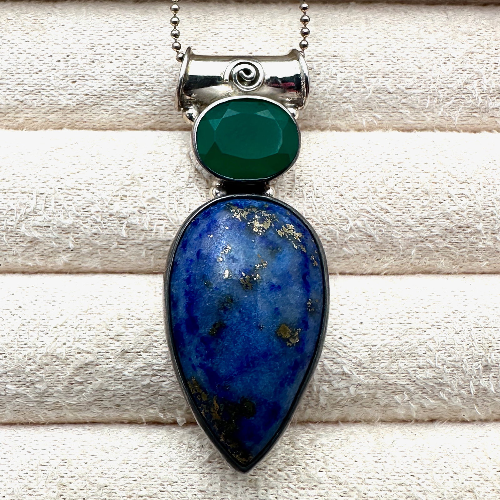 Blue Lapis Lazuli & Green Gemstone 1.5 Inch Pendant Sterling Silver Necklace 1 Inch Chain: Blue Lapis Lazuli & Green Gemstone 1.5 Inch Pendant Sterling Silver Necklace 1 Inch Chain