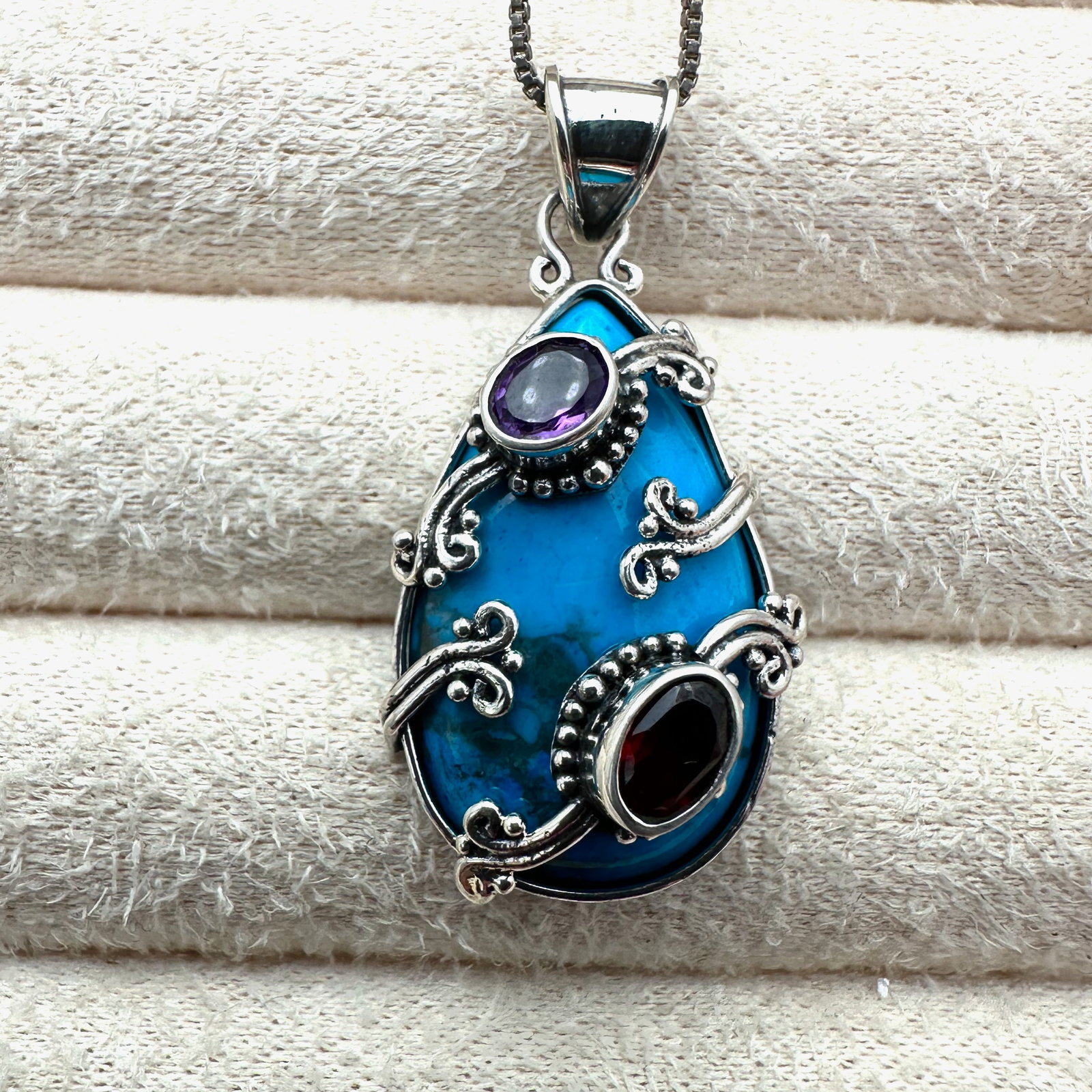 Amethyst & Turquoise Gemstone Sterling Silver Pendant Necklace 18 Inch Chain: Amethyst & Turquoise Gemstone Sterling Silver Pendant Necklace 18 Inch Chain