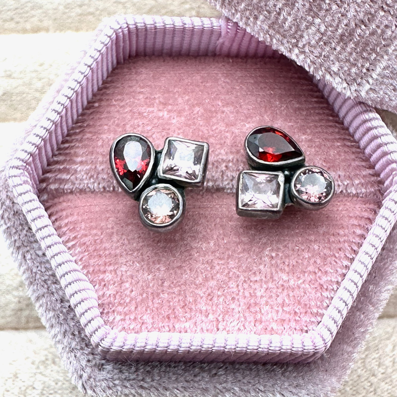 Pink And Red Gemstone Sterling Silver Pierced Stud Earrings Box Included: Pink And Red Gemstone Sterling Silver Pierced Stud Earrings Box Included