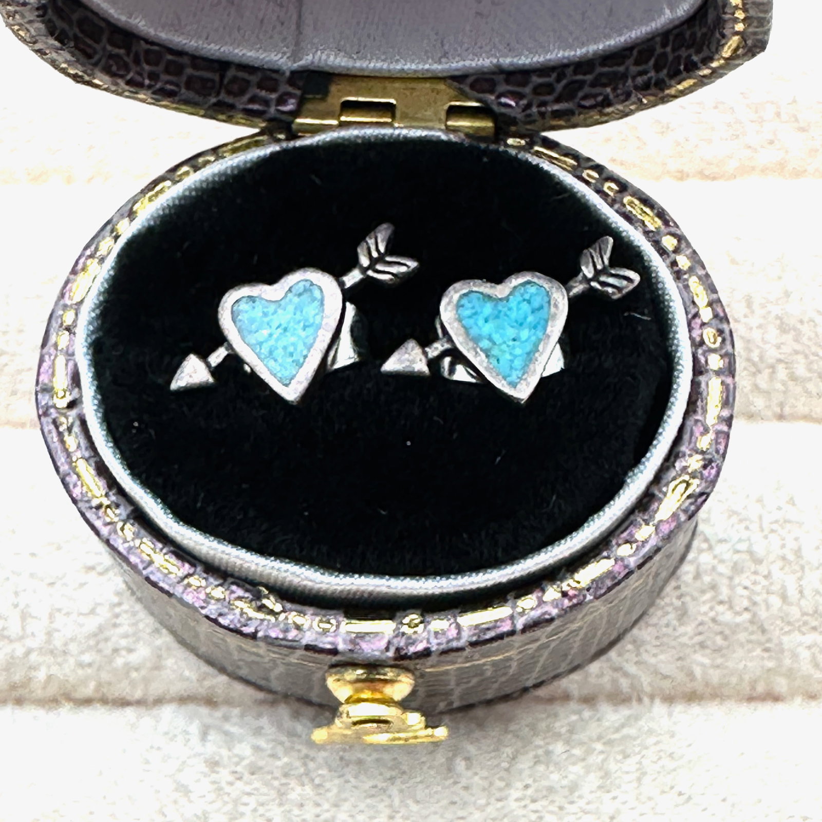 Vintage Inlay Turquoise Sterling Silver Heart Stud Earrings Pierced Box Included (1 of 2)