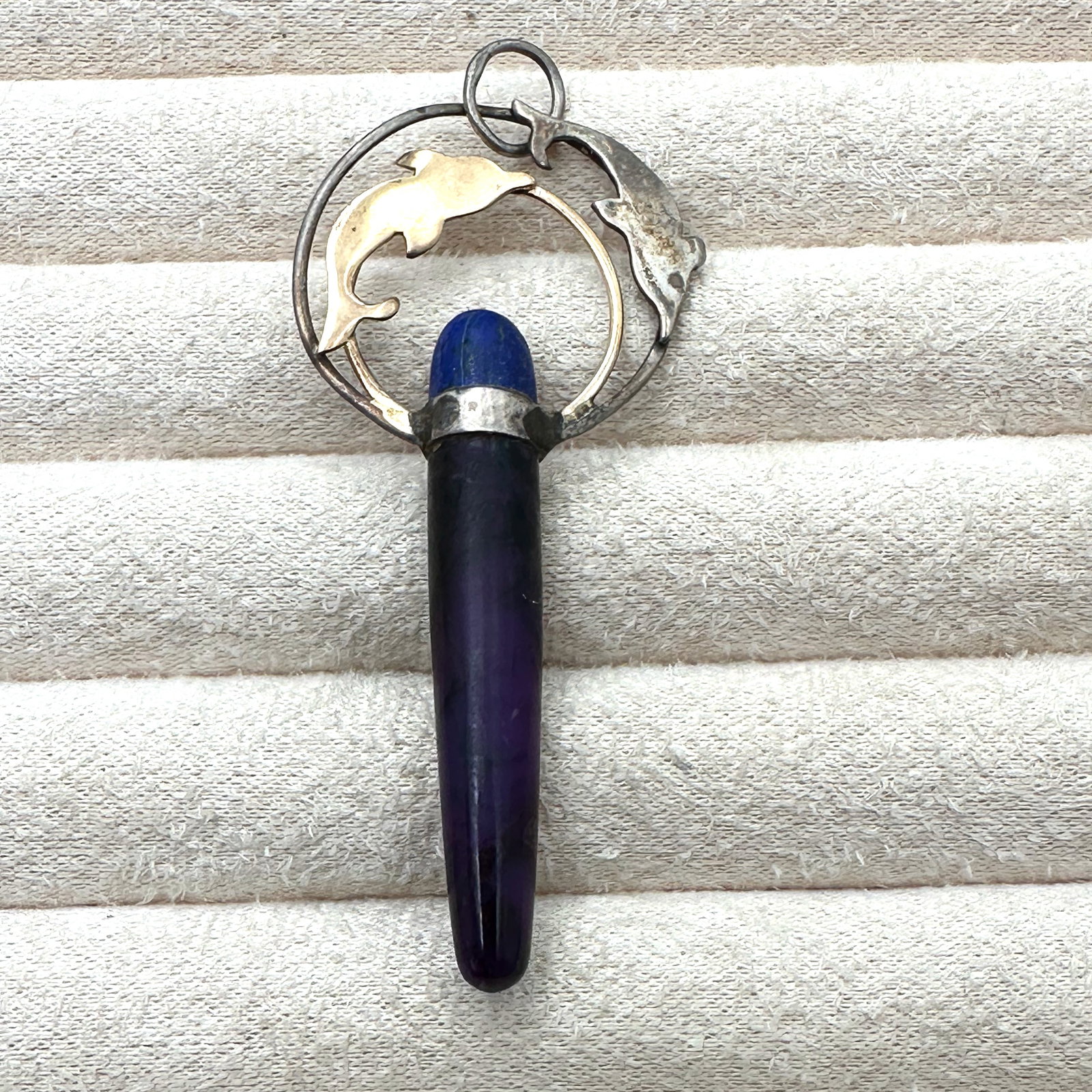 Artisan 14K Gold & Sterling Silver Amethyst & Lapis Lazuli Gemstone Dolphin Design Pendant 2.5 Inch: Artisan 14K Gold & Sterling Silver Amethyst & Lapis Lazuli Gemstone Dolphin Design Pendant 2.5 Inch Length