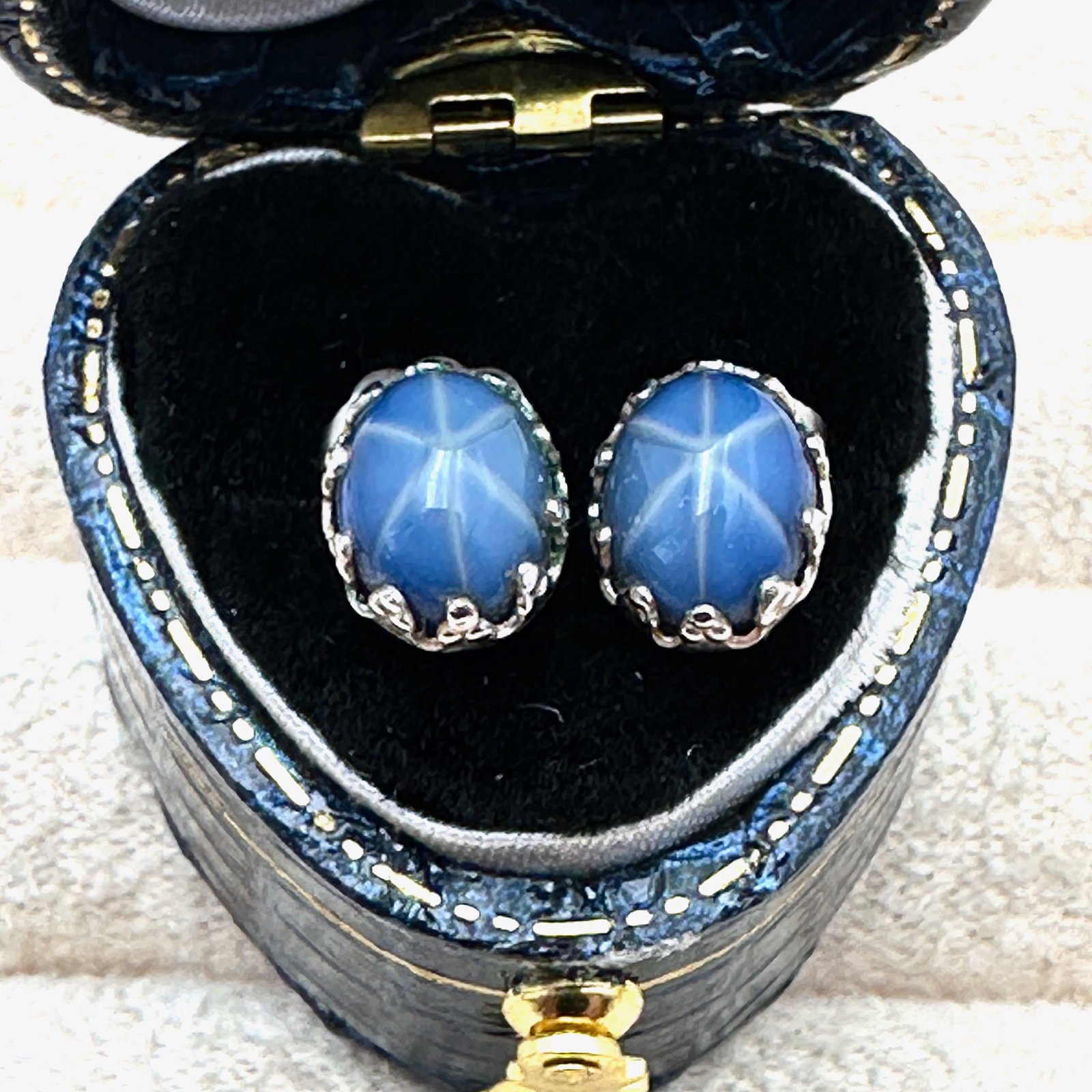 Blue Star Sapphire Sterling Silver Pierced Stud Earrings Box Included: Blue Star Sapphire Sterling Silver Pierced Stud Earrings Box Included