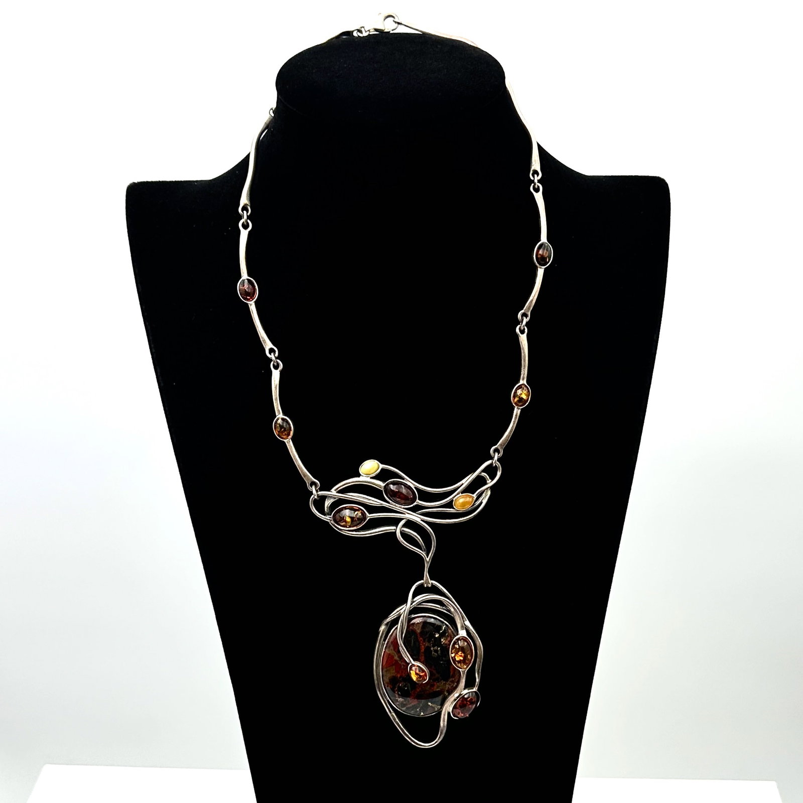 Vintage Mid Century Artisan Amber And Gemstone Sterling Silver 17" Necklace Weight 60 Grams: Vintage Mid Century Artisan Amber And Gemstone Sterling Silver 17" Necklace Weight 60 Grams