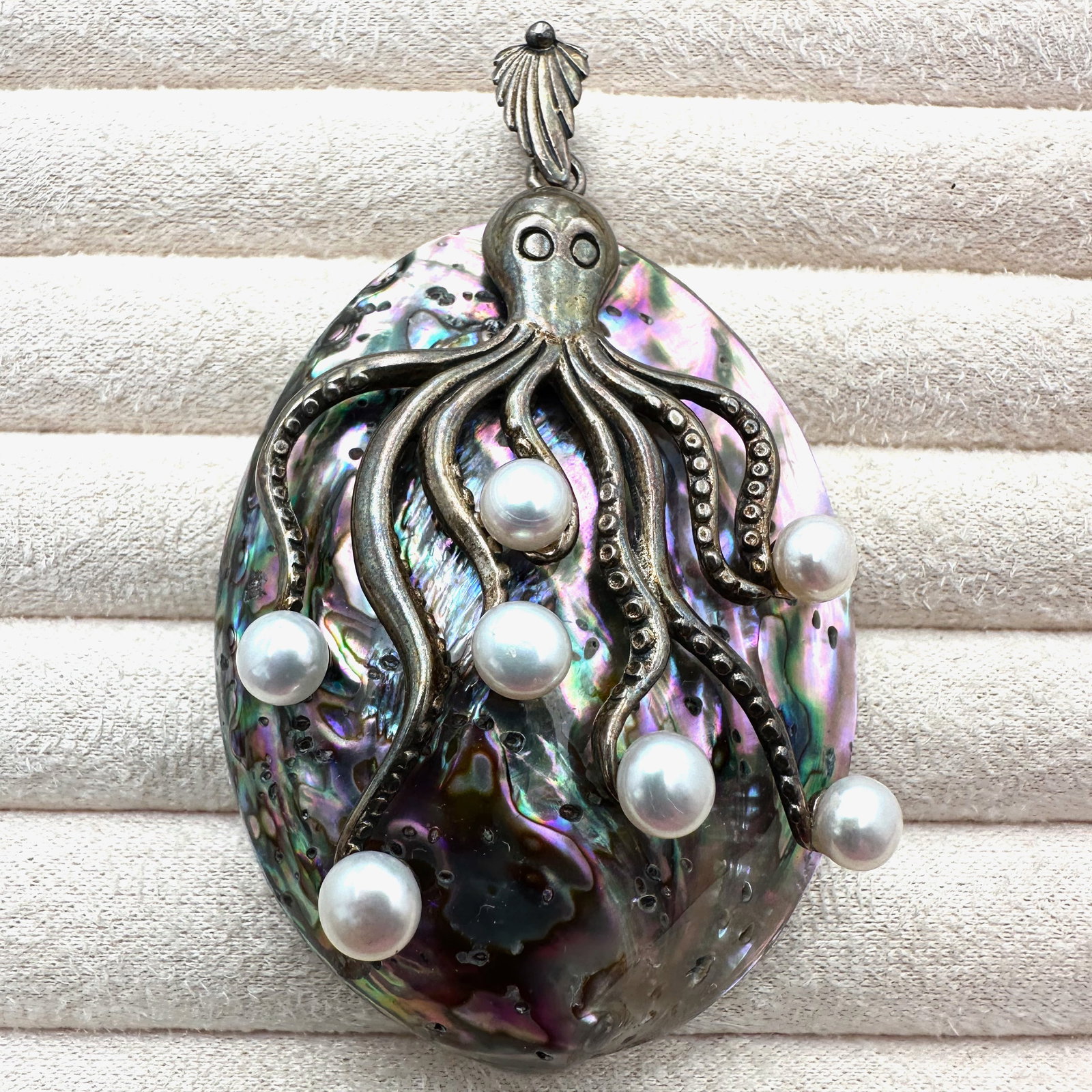 Large Octopus Pendant Sterling Silver Pearl Abalone 3.5 Inch Length: Large Octopus Pendant Sterling Silver Pearl Abalone 3.5 Inch Length