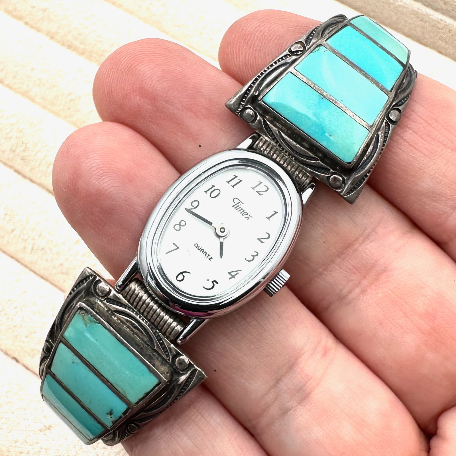 Vintage Inlay Blue Turquoise Sterling Silver Watch Tips and Watch will need new Battery: Vintage Inlay Blue Turquoise Sterling Silver Watch Tips and Watch will need new Battery