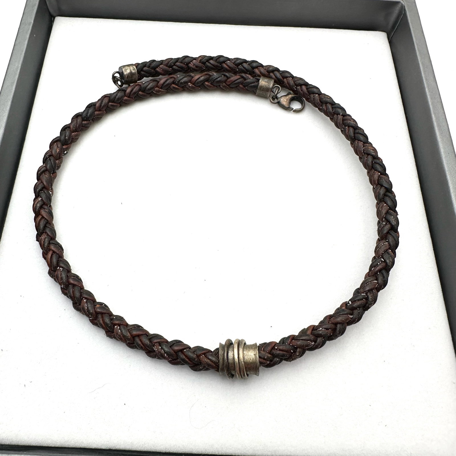 Braided Brown Leather Sterling Silver Floating Pendant Necklace: Braided Brown Leather Sterling Silver Floating Pendant Necklace