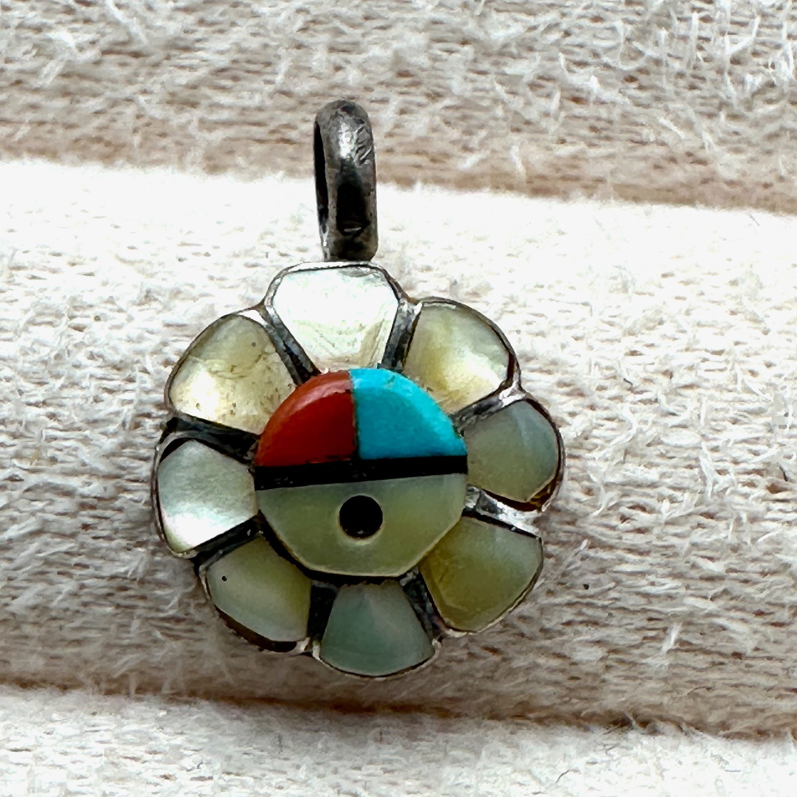 Vintage Native American Small Inlay Gemstone Pearl Sun Face Charm or Pendant Approximately 1/2 Inch (1 of 2)