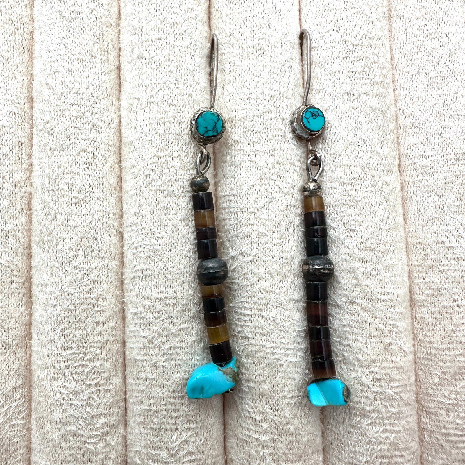Vintage Turquoise & Heishi Shell Sterling Silver Pierced Earrings 2.25 Inch: Vintage Turquoise & Heishi Shell Sterling Silver Pierced Earrings 2.25 Inch