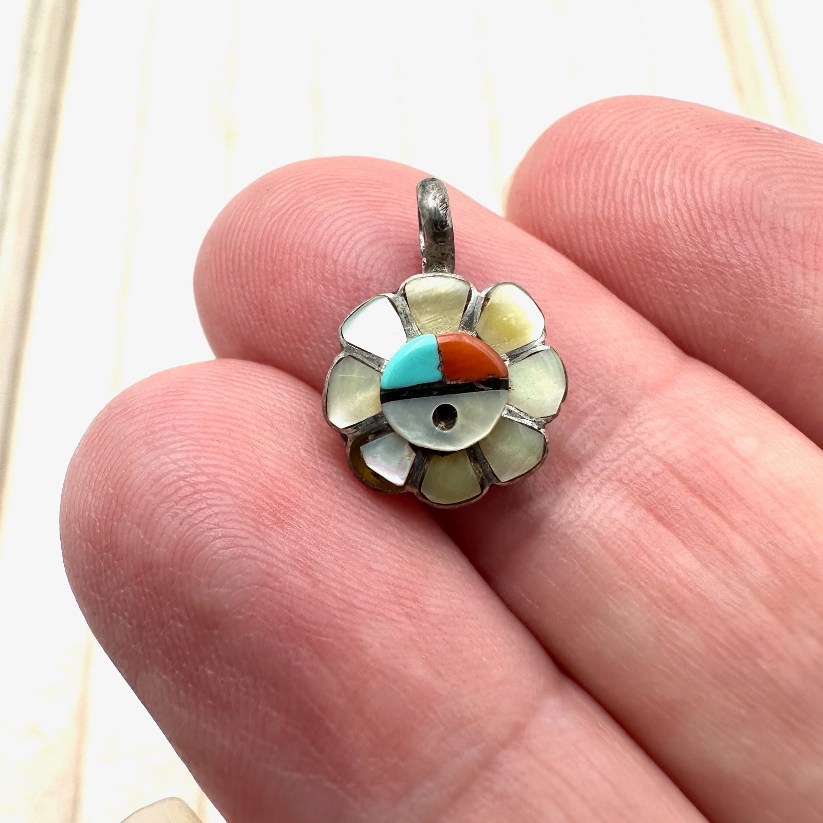 Vintage Native American Small Inlay Gemstone Pearl Sun Face Charm or Pendant Approximately 1/2 Inch (1 of 2)