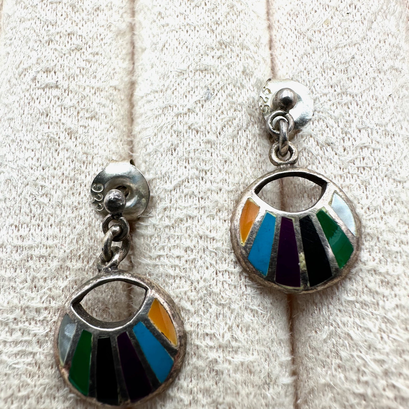 Inlay Multi Gemstone Sterling Silver Pierced Earrings 3/4 Inch Length: Inlay Multi Gemstone Sterling Silver Pierced Earrings 3/4 Inch Length