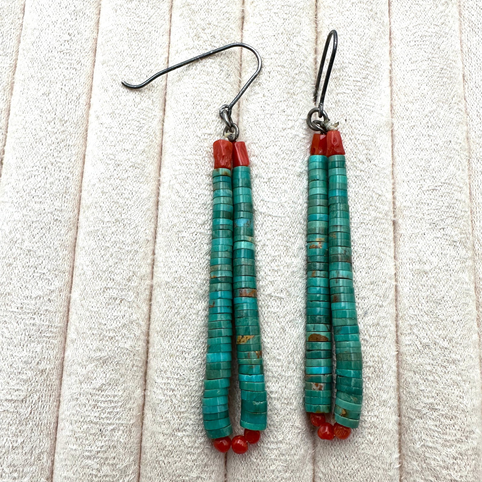 Vintage Native American Turquoise Coral Sterling Silver Chandelier Pierce Earrings 3 Inch Length: Vintage Native American Turquoise Coral Sterling Silver Chandelier Pierce Earrings 3 Inch Length