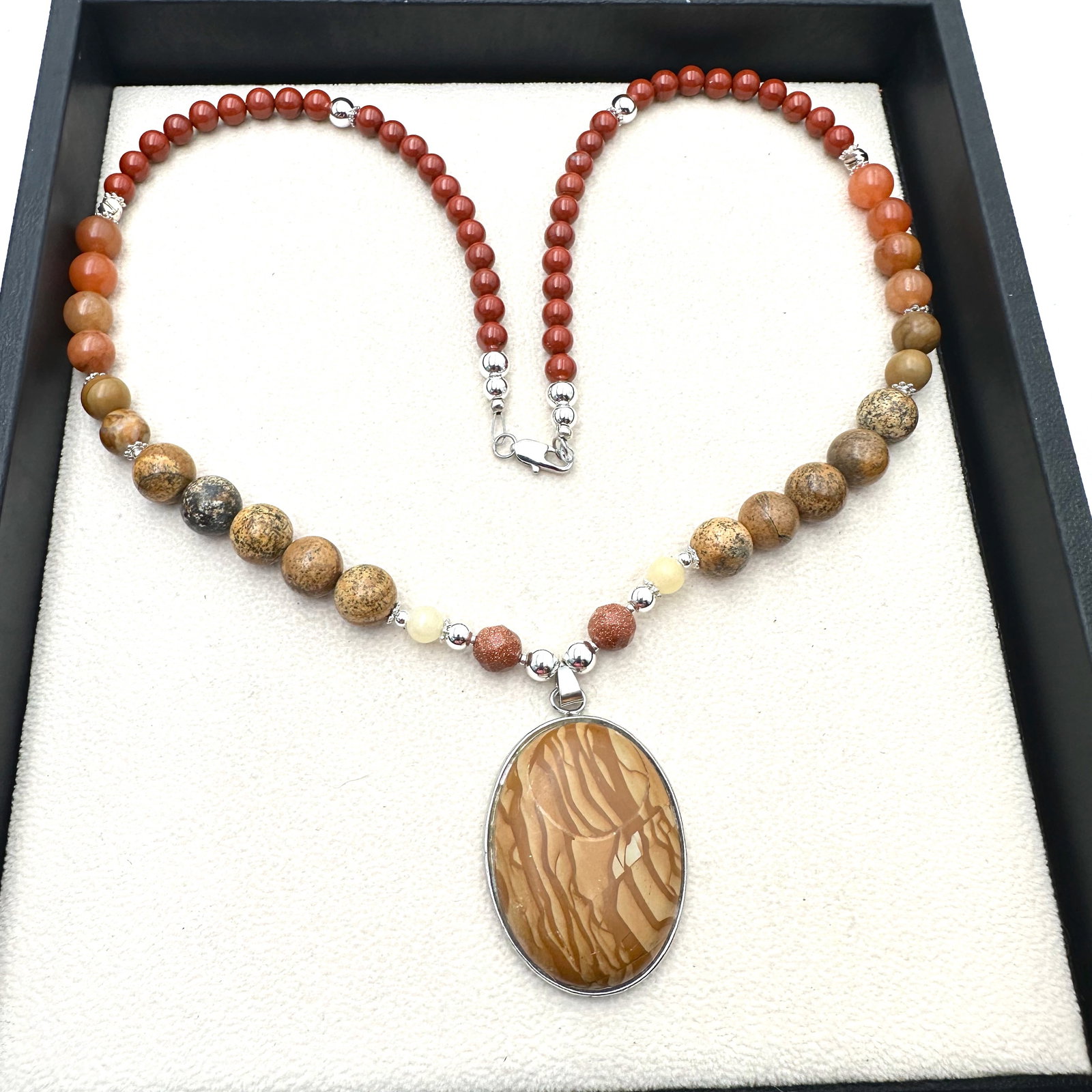Jasper Gold Stone Multi Gemstone Bead Pendant Necklace Sterling Silver 22 Inch Length (1 of 2)