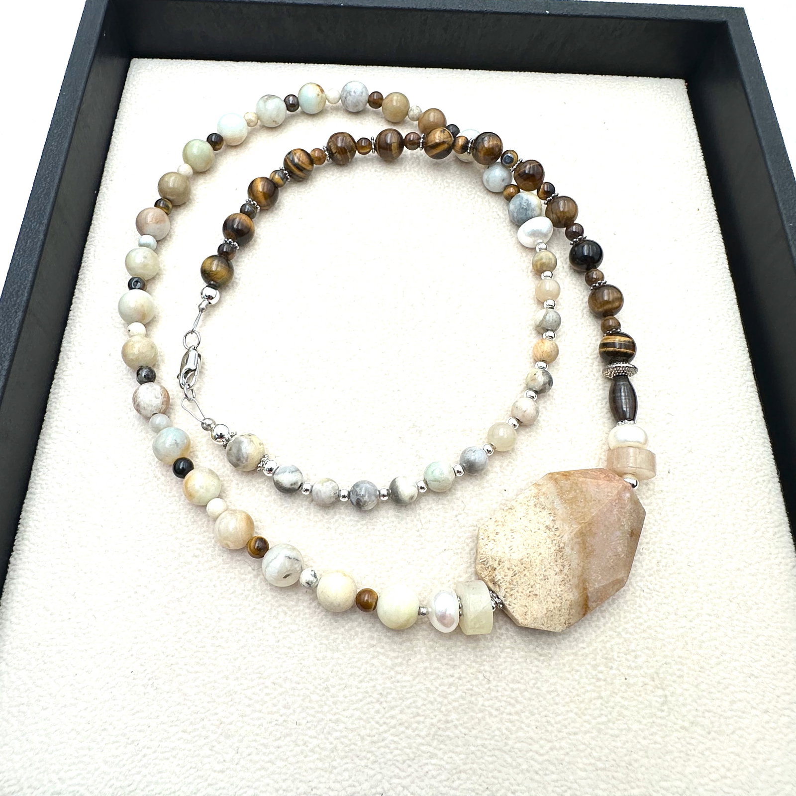 Tigers Eye Jasper Multi Gemstone Sterling Silver Necklace 24 Inch Length (1 of 2)