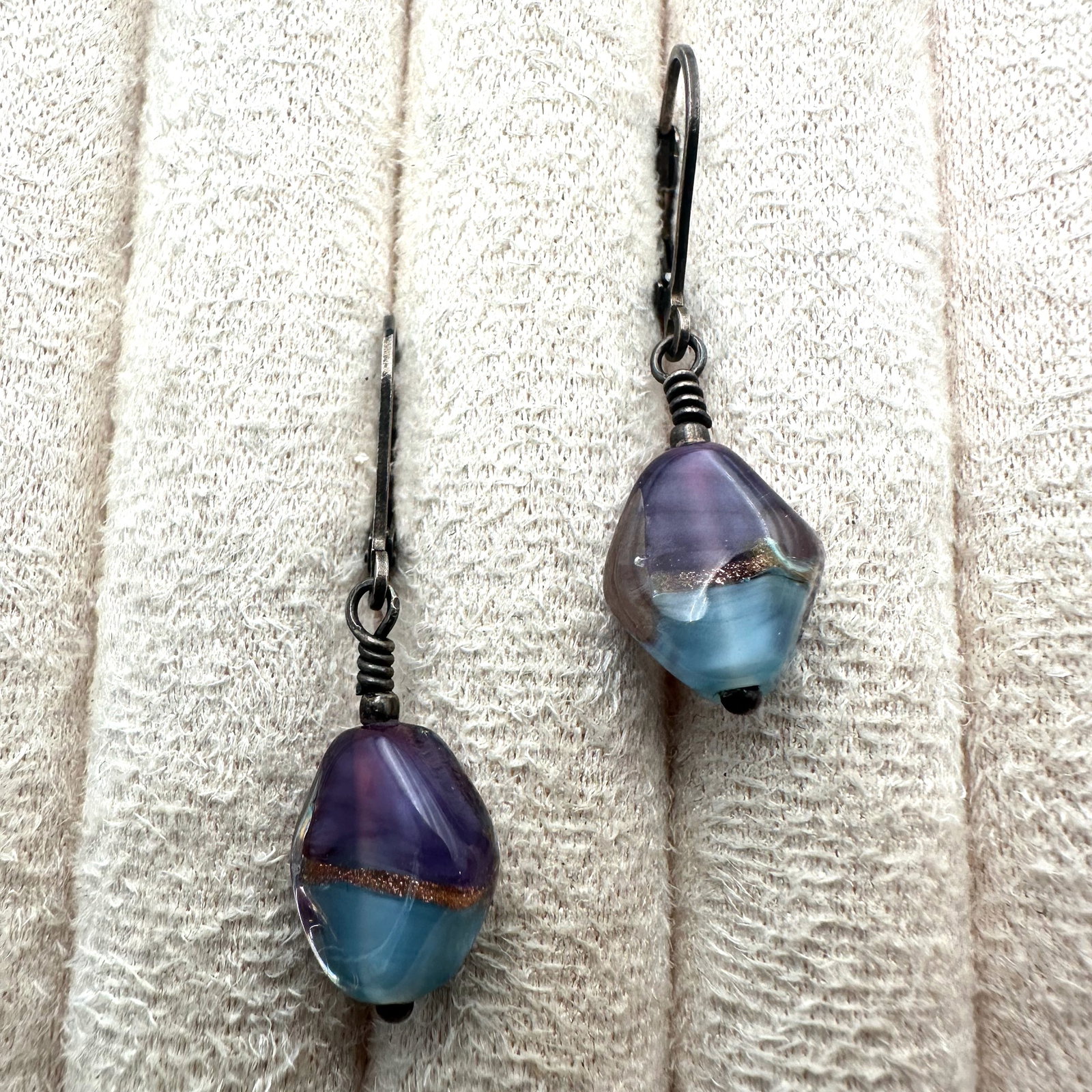 Blue Purple Gold Art Glass Sterling Silver Pierced Earrings 1.25 Inch: Blue Purple Gold Art Glass Sterling Silver Pierced Earrings 1.25 Inch