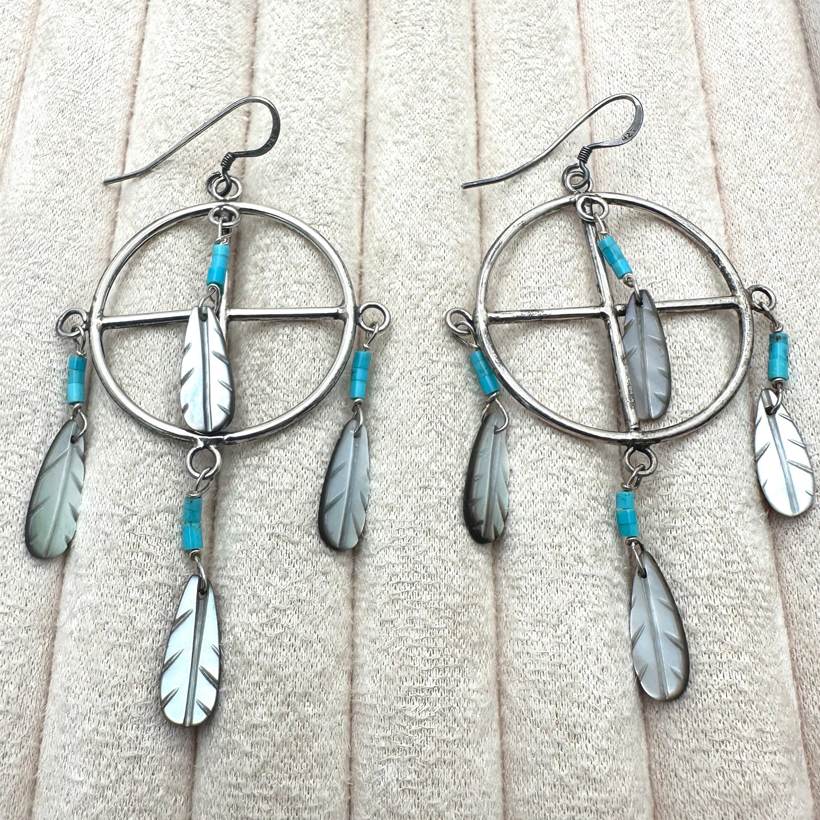 Turquoise Mother of Pearl Feather Sterling Silver Pierced Chandelier Earrings 3 Inch Length (1 of 2)