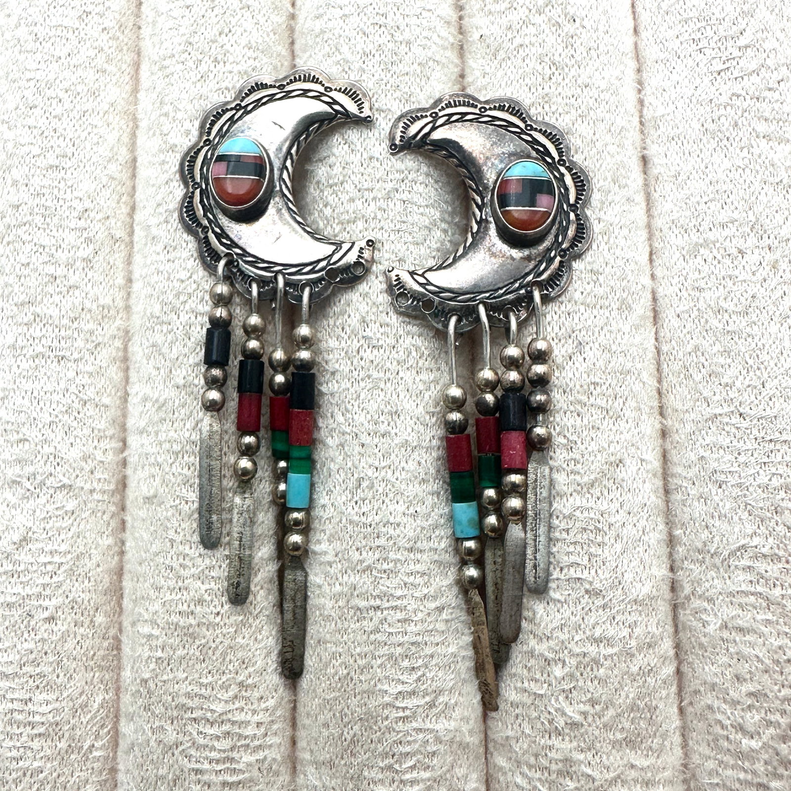 American Southwest Multi Gemstone Sterling Silver Pierced Earrings 2 Inch Length (1 of 2)