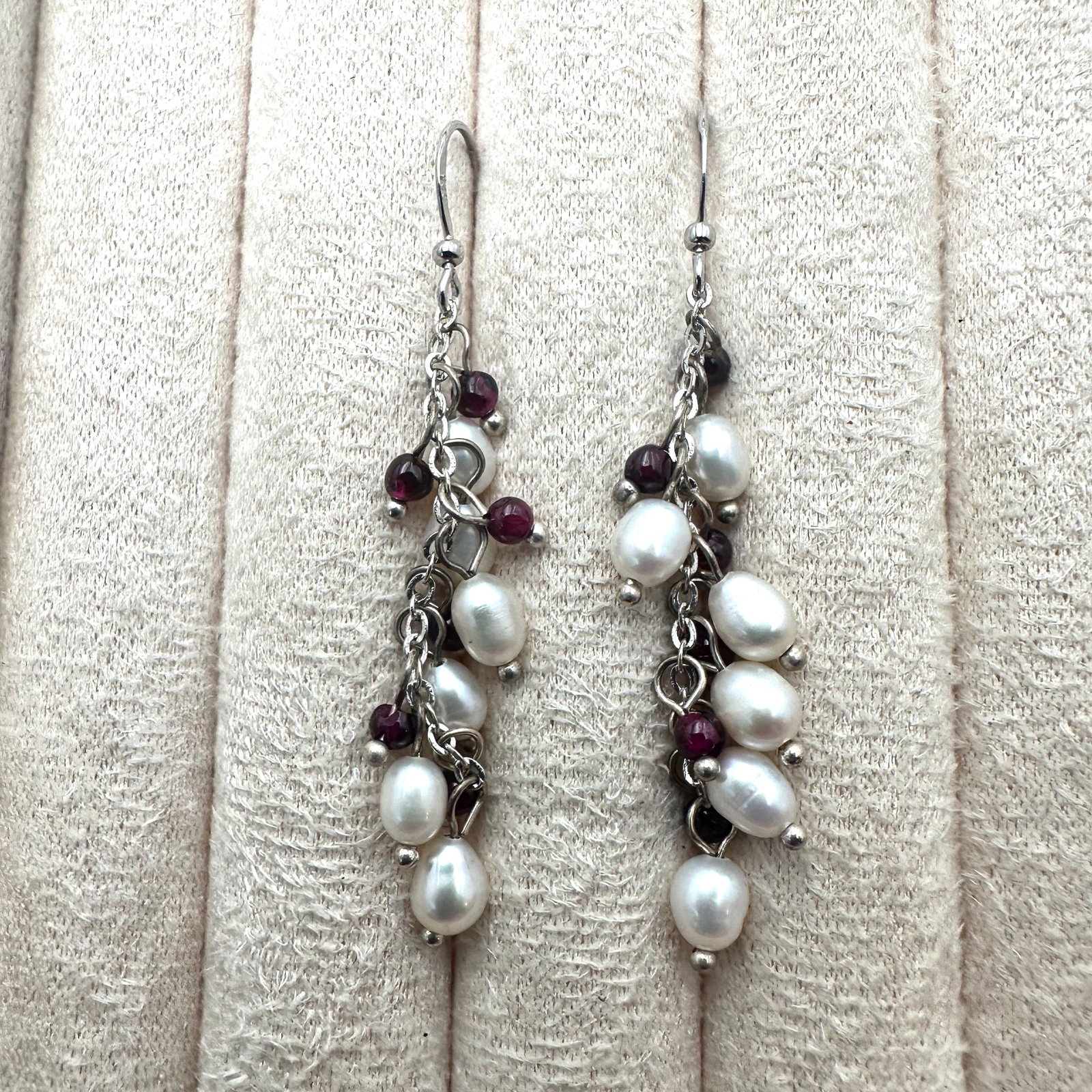 Garnet and Pearl Sterling Silver Pierced Chandelier Earrings 2 Inch Length: Garnet and Pearl Sterling Silver Pierced Chandelier Earrings 2 Inch Length