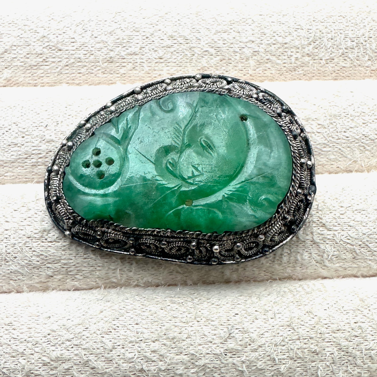 Antique Chinese Export Fine Jade Sterling Silver Filigree Brooch Pin 1.5 Inch: Antique Chinese Export Fine Jade Sterling Silver Filigree Brooch Pin 1.5 Inch