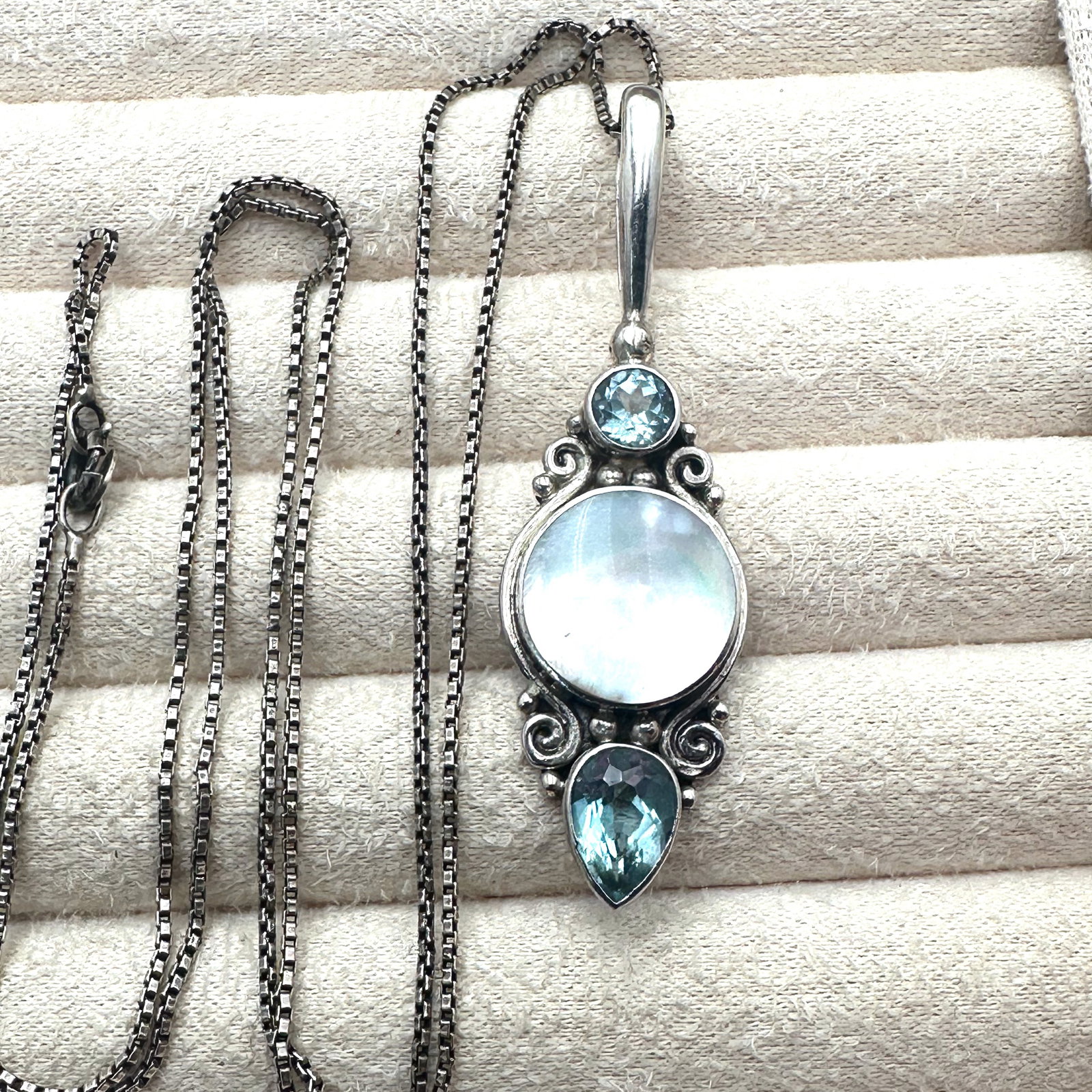 Blue Topaz Mother of Pearl Sterling Silver 2.5 Inch Pendant Necklace 24 Inch Chain: Blue Topaz Mother of Pearl Sterling Silver 2.5 Inch Pendant Necklace 24 Inch Chain
