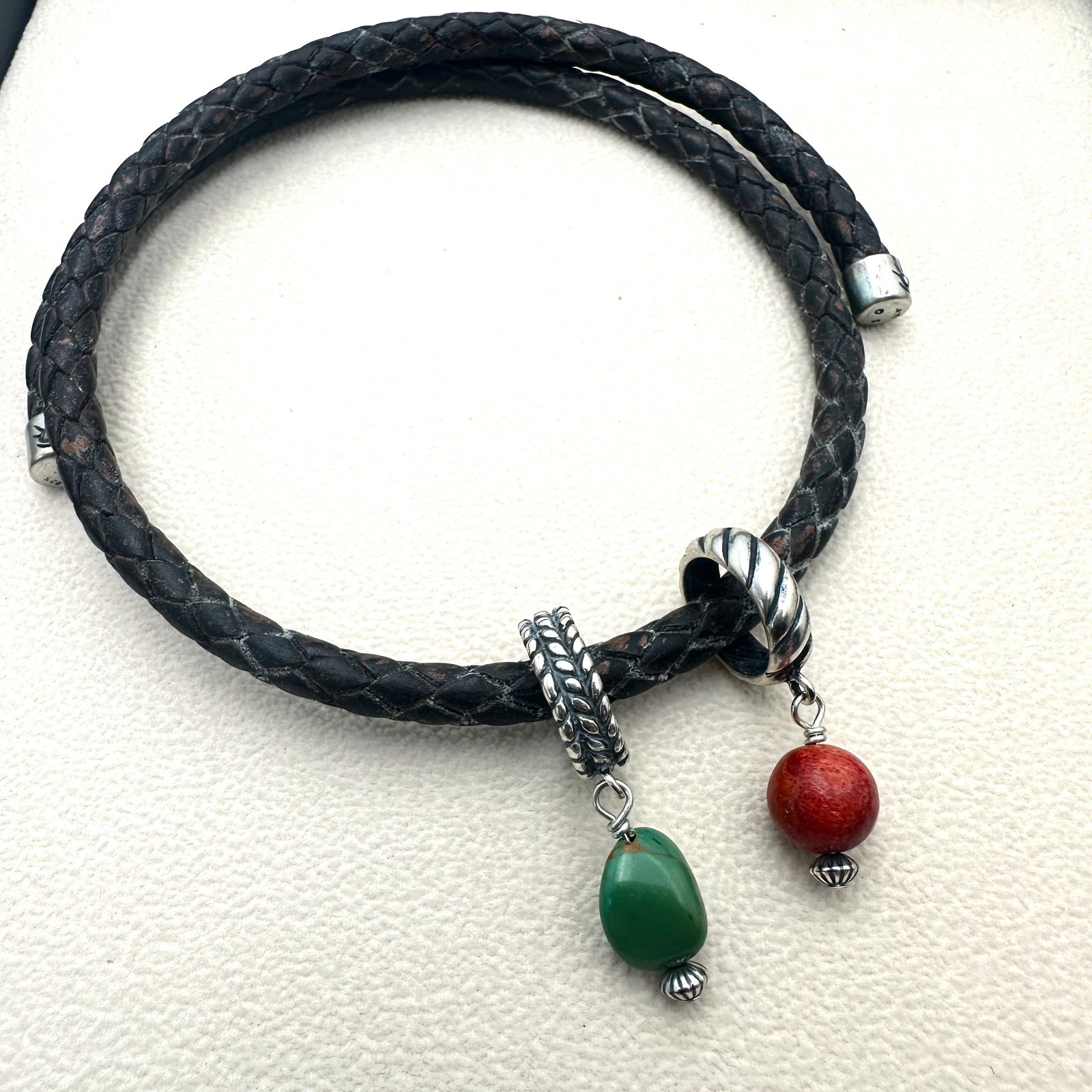 American Southwest Shube Brown Leather Sterling Silver Necklace with Multiple Charms: American Southwest Shube Brown Leather Sterling Silver Necklace with Multiple Charms