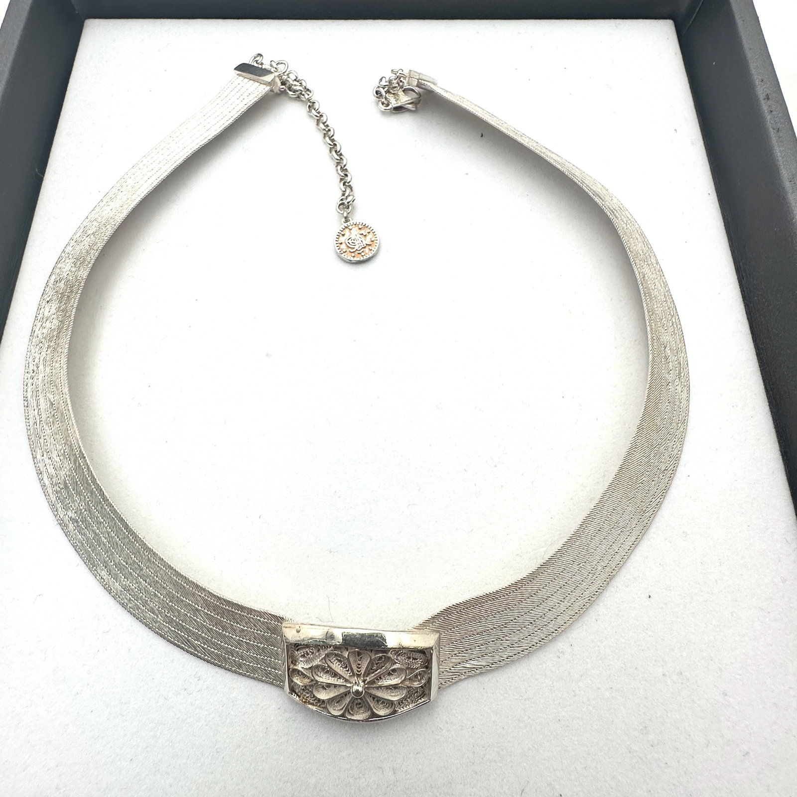 Turkish Sterling Silver Statement Necklace Weight 46 Grams 18 Inch Wearable Length: Turkish Sterling Silver Statement Necklace Weight 46 Grams 18 Inch Wearable Length