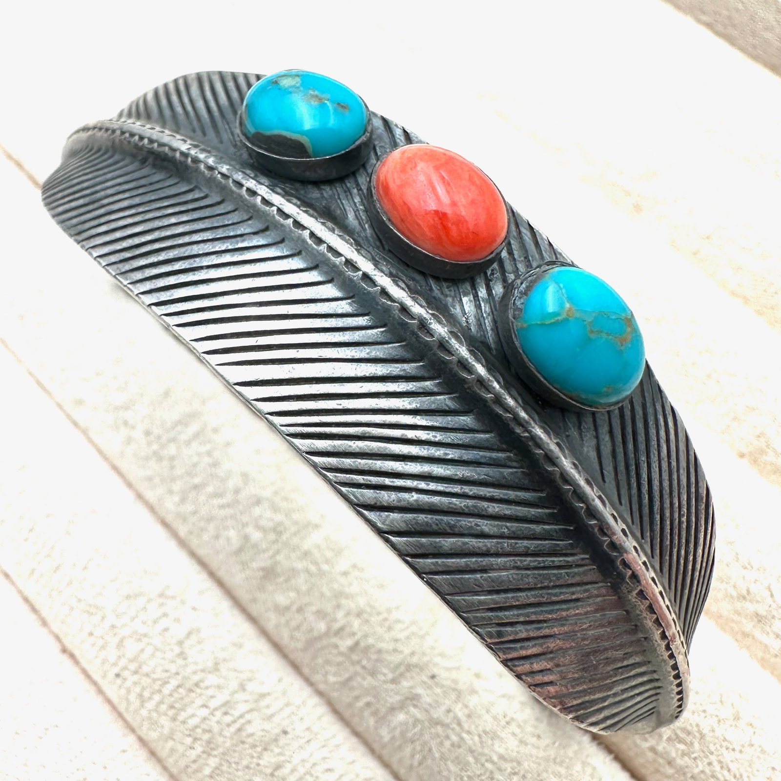 Native American Yazzie Red Coral Blue Turquoise Sterling Silver Feather Design Cuff Bracelet (1 of 7)
