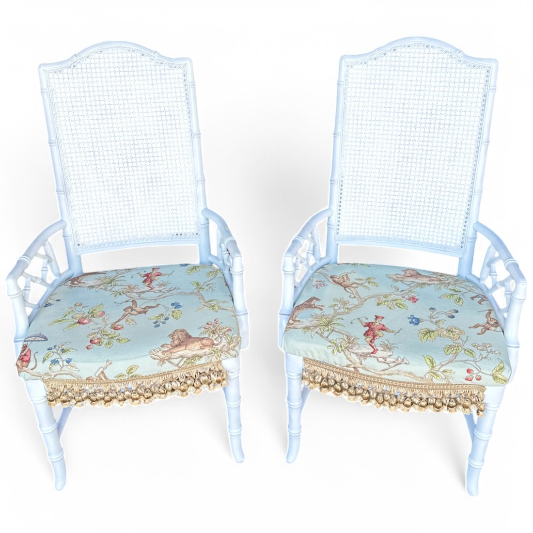 NO RESERVE-Pair of Vintage Henkel Harris Faux Bamboo & Cane Armchairs, White Lacquered Dining (1 of 12)
